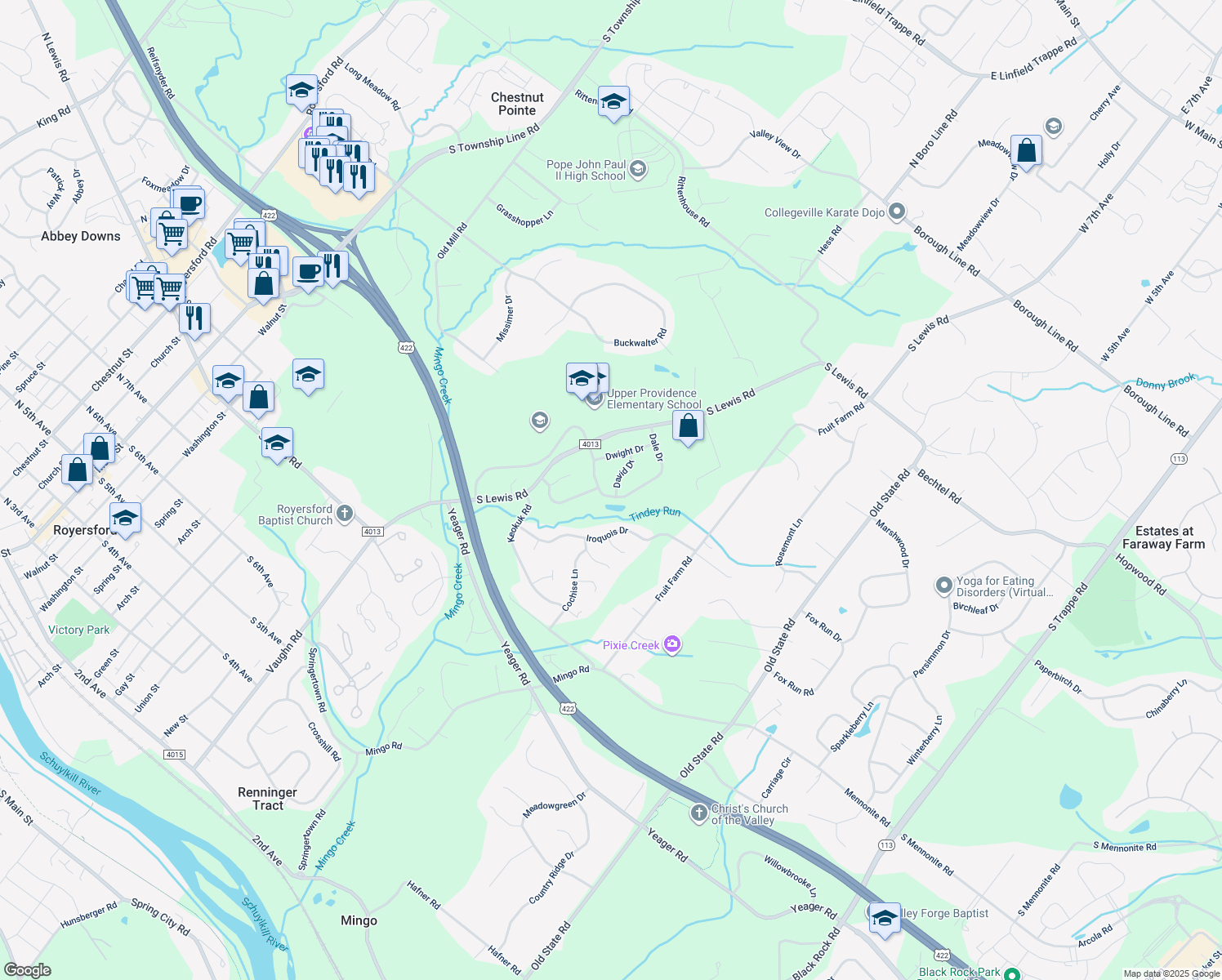 map of restaurants, bars, coffee shops, grocery stores, and more near 2 David Drive in Royersford