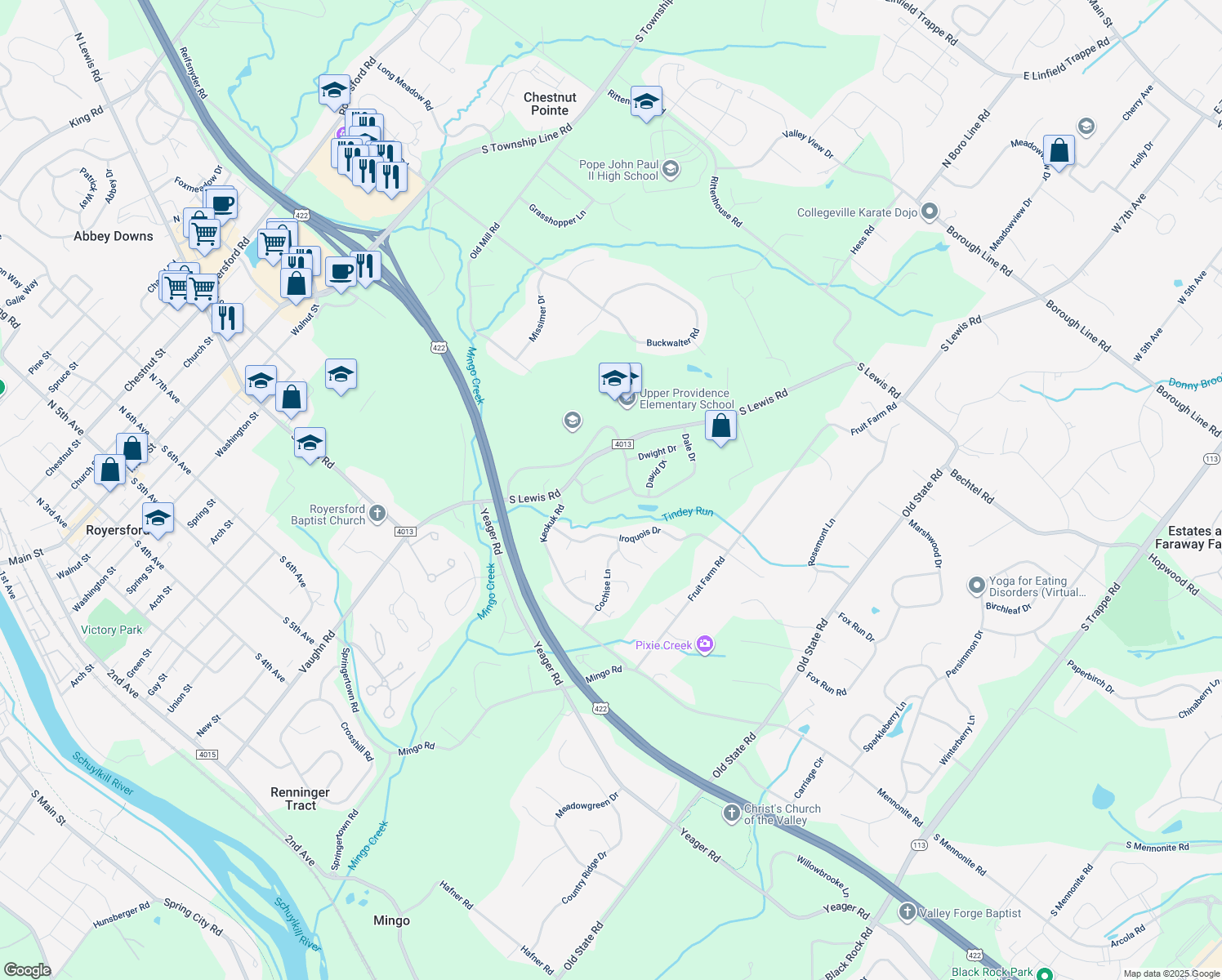 map of restaurants, bars, coffee shops, grocery stores, and more near 21 Cheyenne Road in Royersford