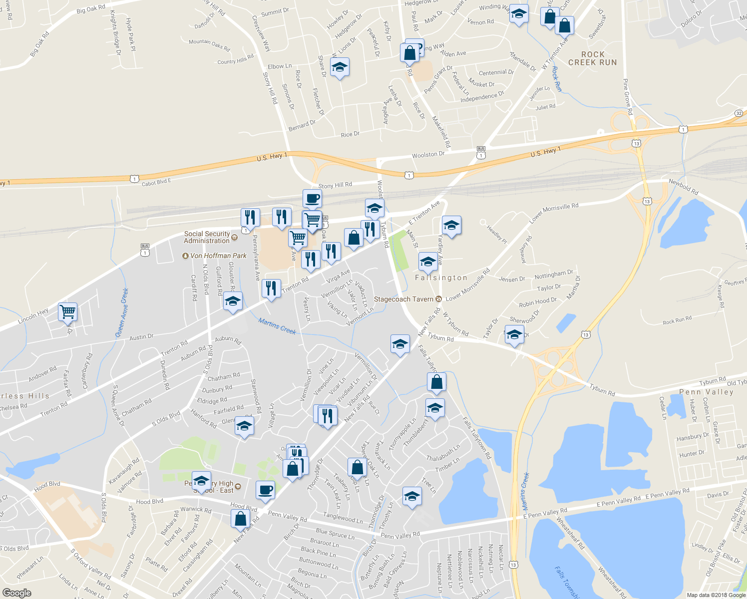 map of restaurants, bars, coffee shops, grocery stores, and more near 101 Vermont Lane in Levittown