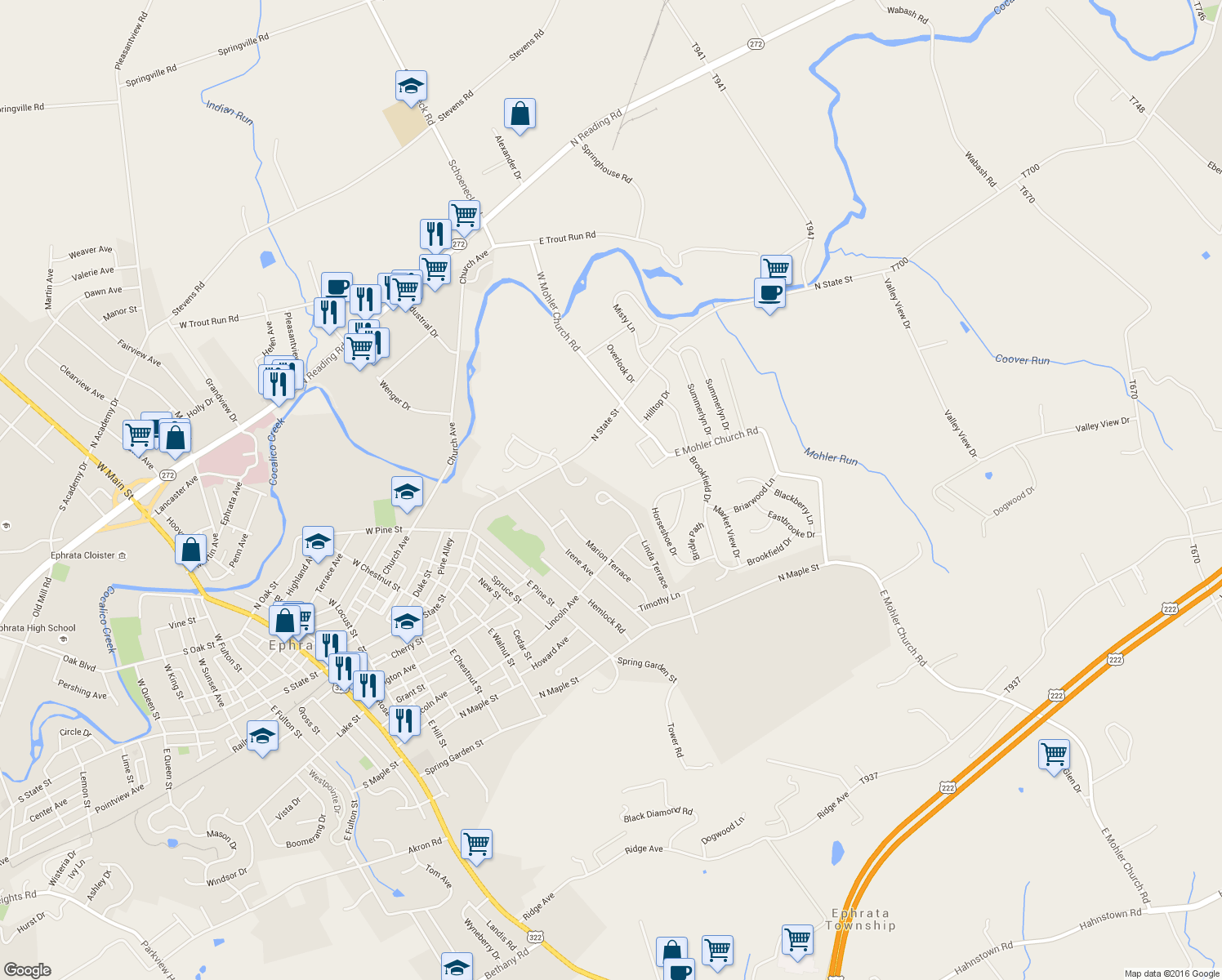 map of restaurants, bars, coffee shops, grocery stores, and more near 162 Linda Terrace in Ephrata