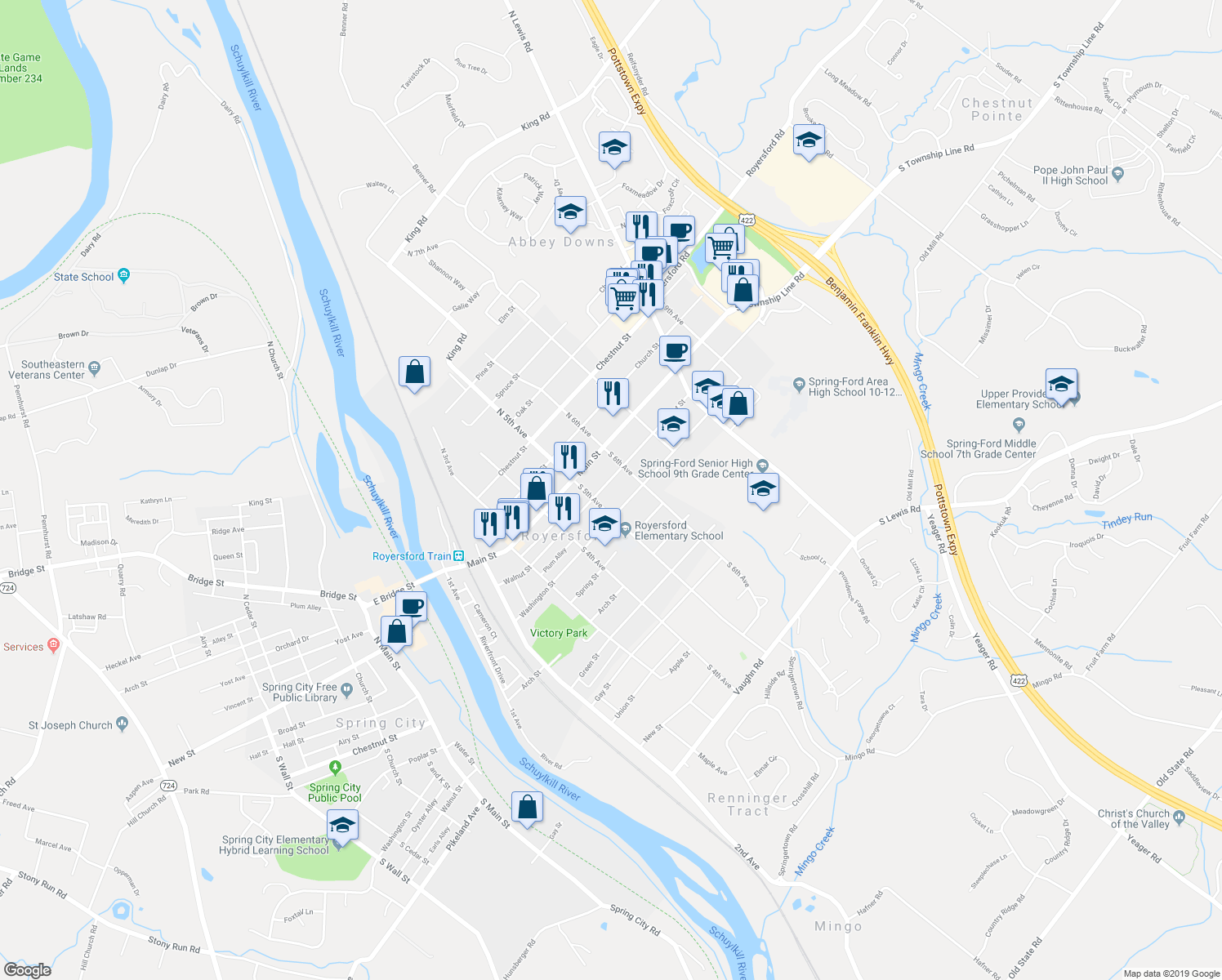 map of restaurants, bars, coffee shops, grocery stores, and more near 524 Walnut Street in Royersford