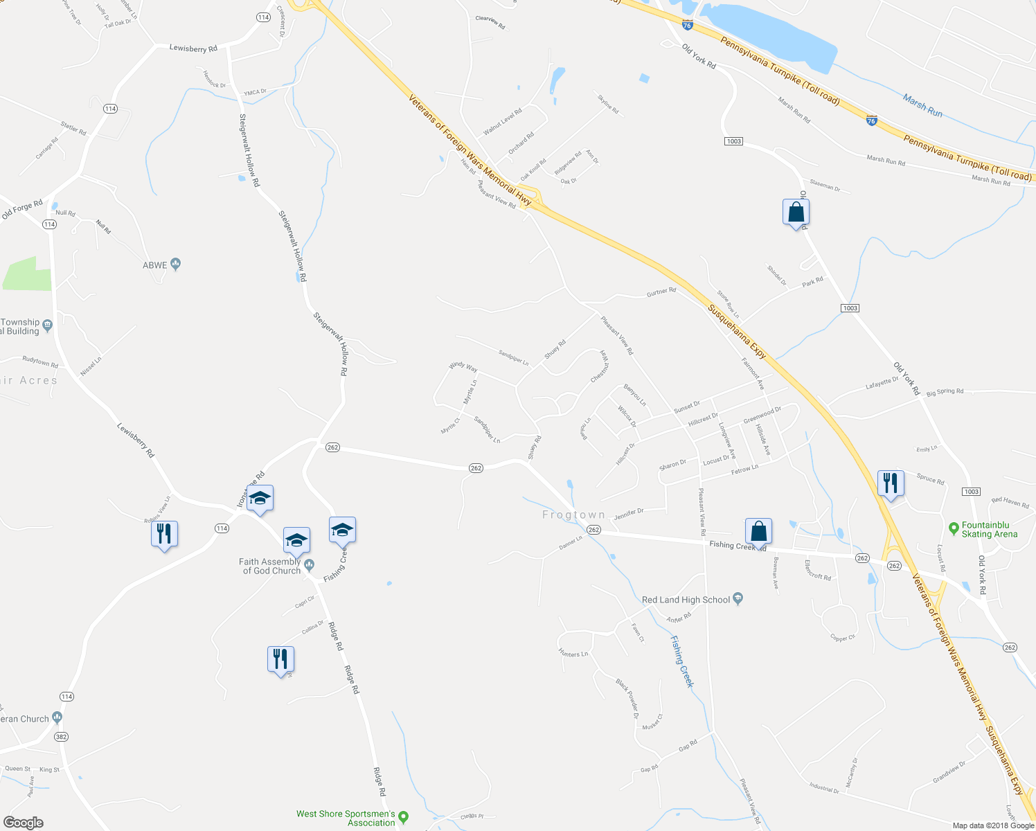 map of restaurants, bars, coffee shops, grocery stores, and more near 331 Shuey Road in New Cumberland