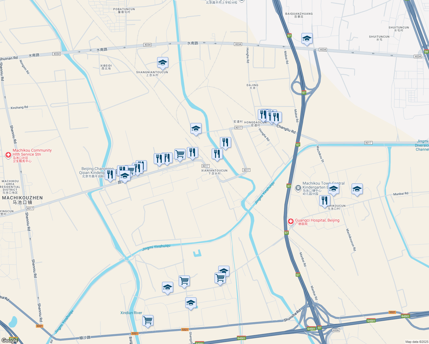 map of restaurants, bars, coffee shops, grocery stores, and more near Changliu Road in Beijing