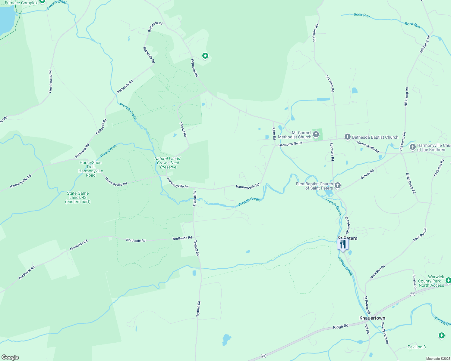 map of restaurants, bars, coffee shops, grocery stores, and more near 2413 Harmonyville Road in Elverson