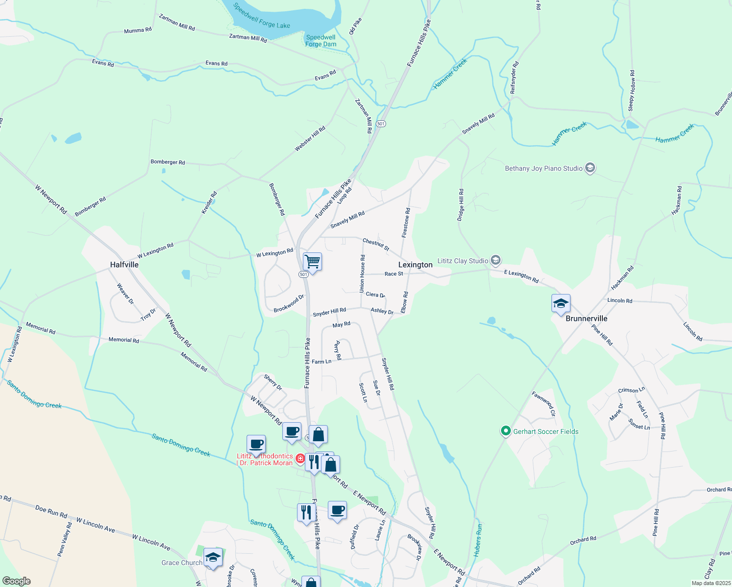 map of restaurants, bars, coffee shops, grocery stores, and more near 107 Ciera Drive in Lititz