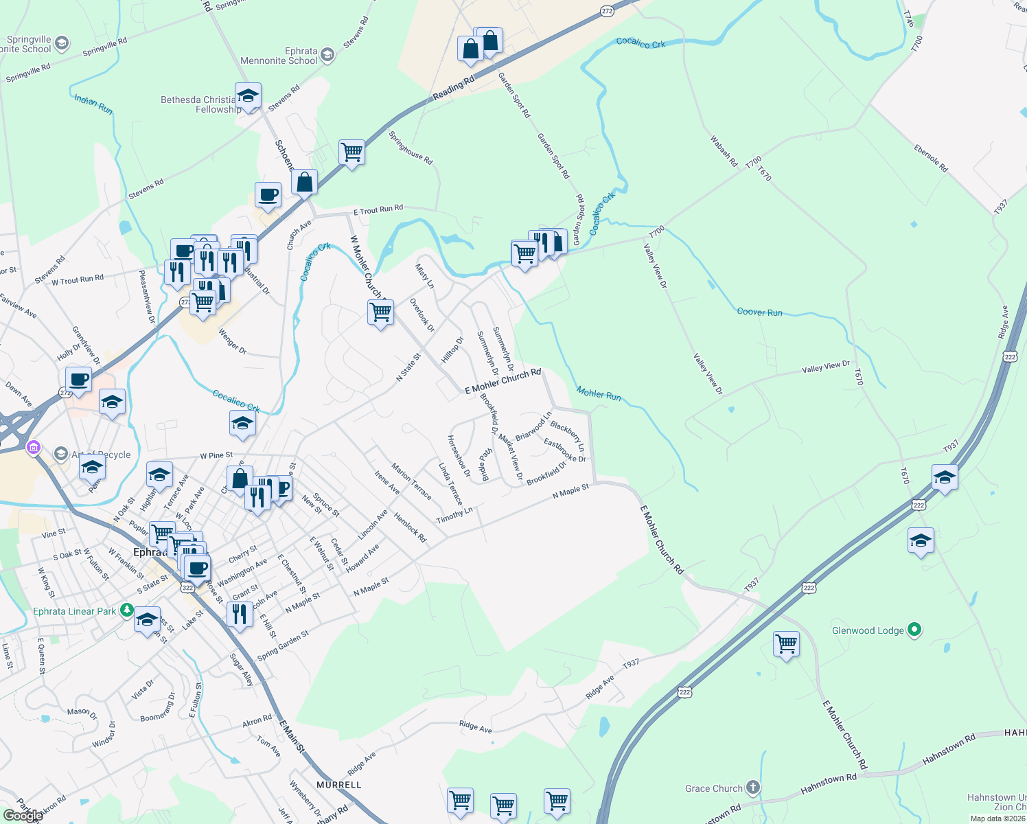 map of restaurants, bars, coffee shops, grocery stores, and more near 79 Blackberry Ln in Ephrata