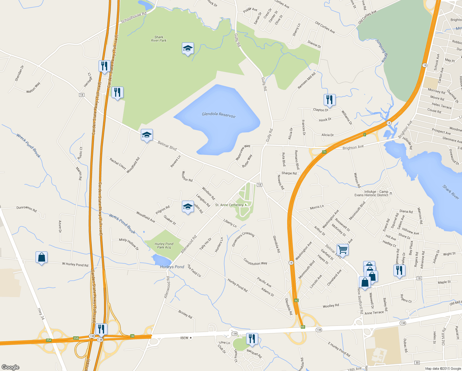 map of restaurants, bars, coffee shops, grocery stores, and more near 1604 Cammar Drive in Wall Township
