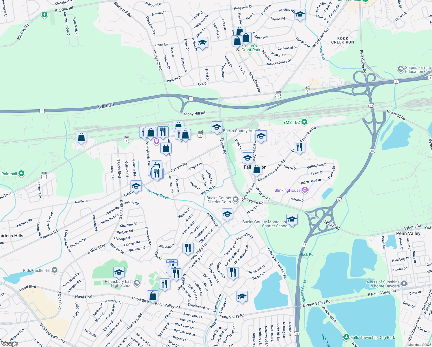 map of restaurants, bars, coffee shops, grocery stores, and more near 120 Vermont Lane in Levittown