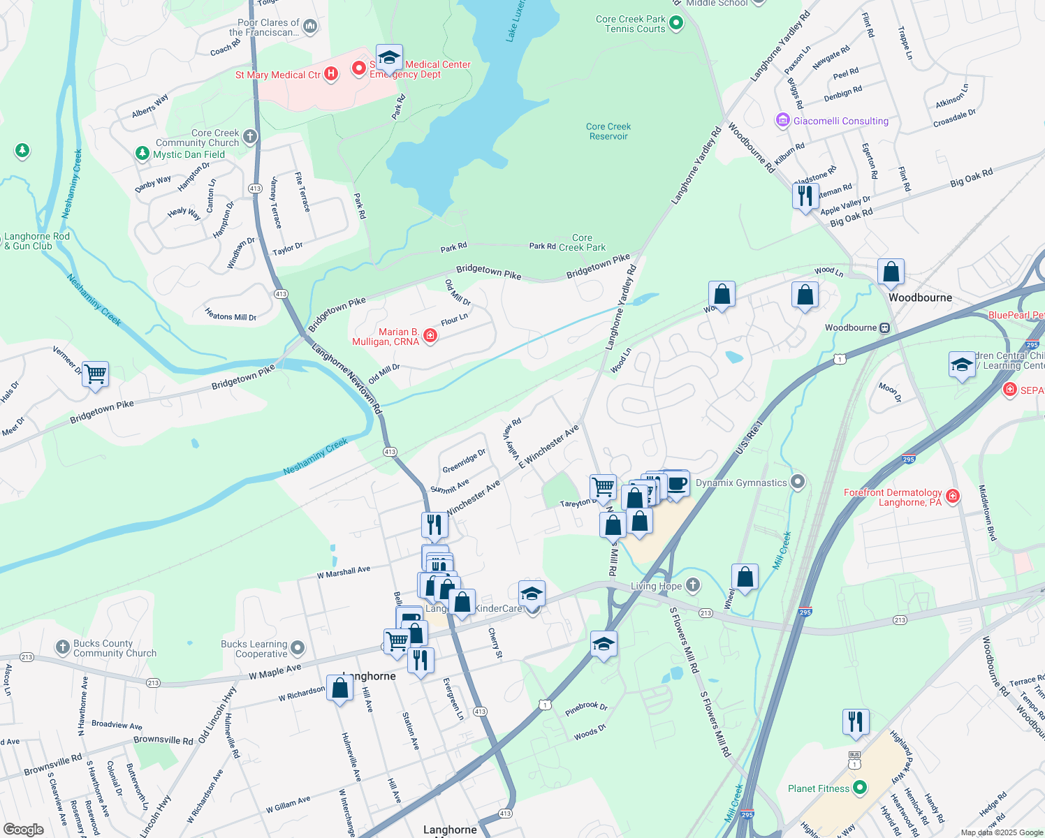 map of restaurants, bars, coffee shops, grocery stores, and more near 555 Valleyview Rd in Langhorne