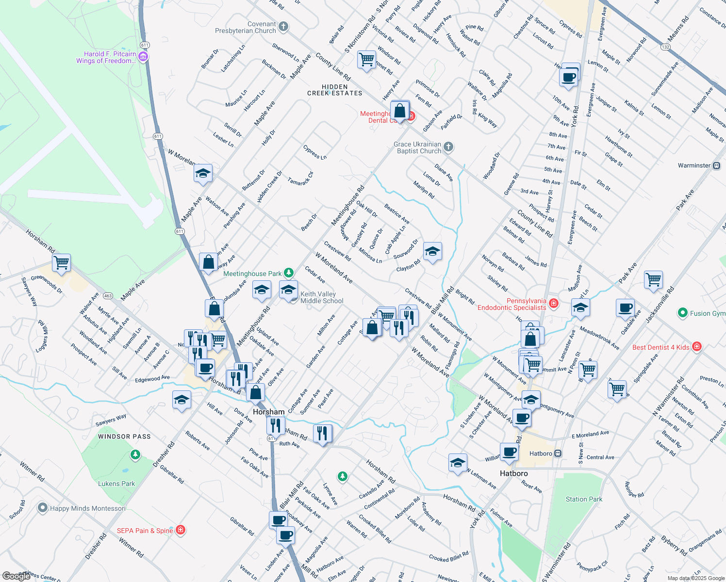 map of restaurants, bars, coffee shops, grocery stores, and more near 210 West Moreland Avenue in Hatboro