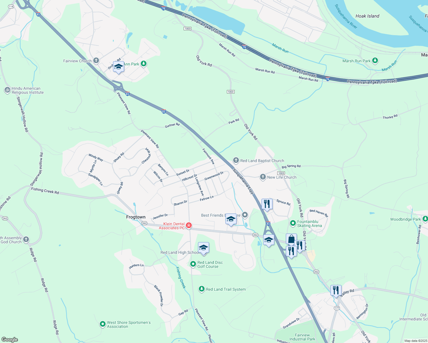 map of restaurants, bars, coffee shops, grocery stores, and more near 102 Hillcrest Drive in New Cumberland