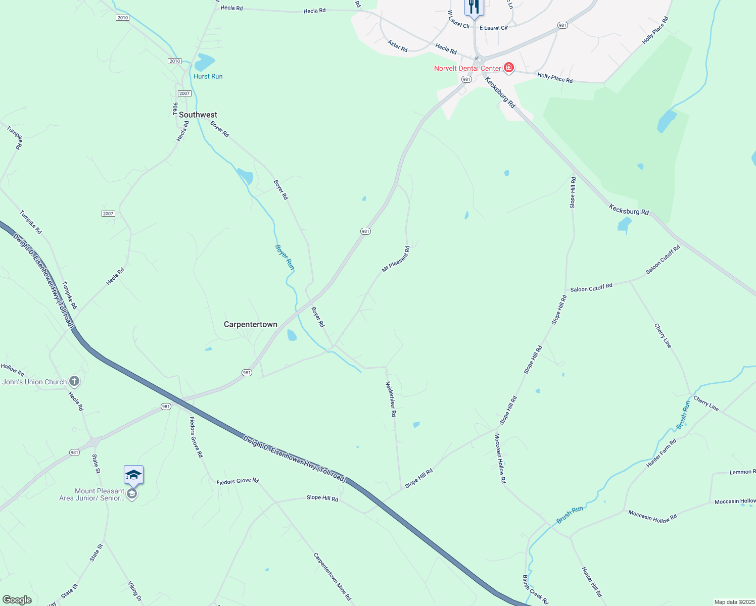 map of restaurants, bars, coffee shops, grocery stores, and more near 3674 Pennsylvania 981 in Mount Pleasant