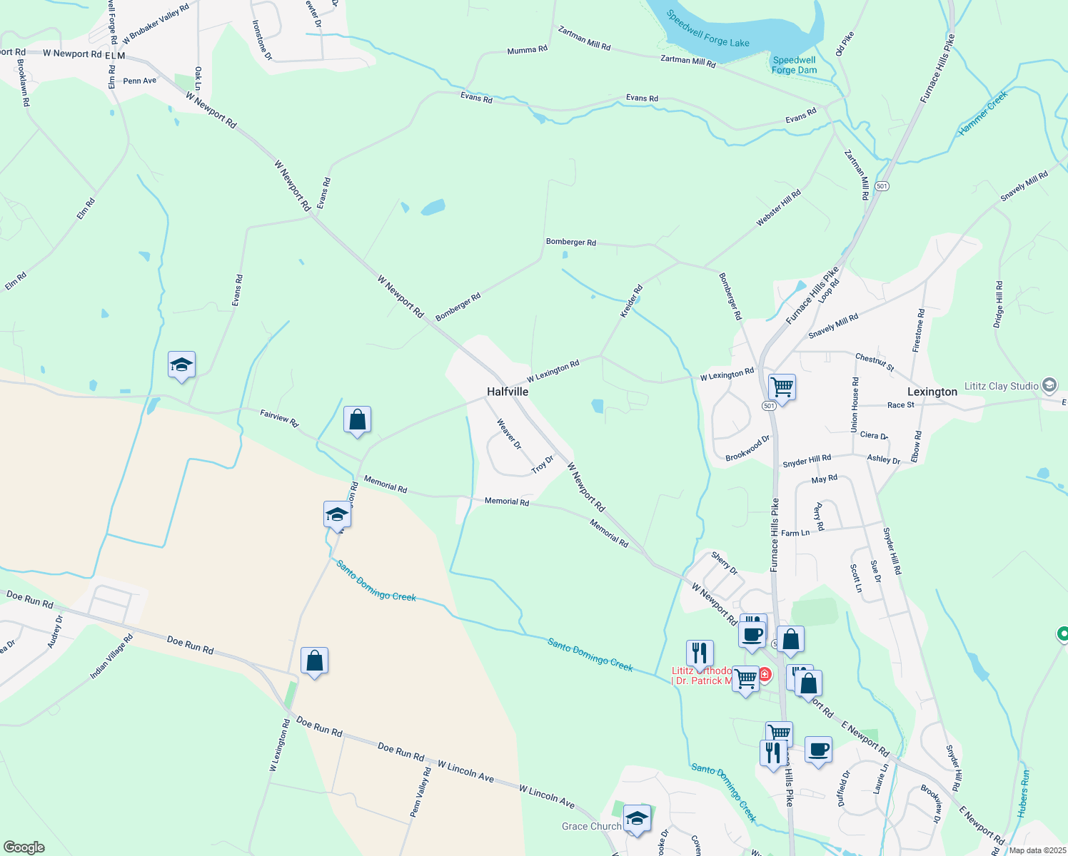 map of restaurants, bars, coffee shops, grocery stores, and more near 210 West Newport Road in Lititz