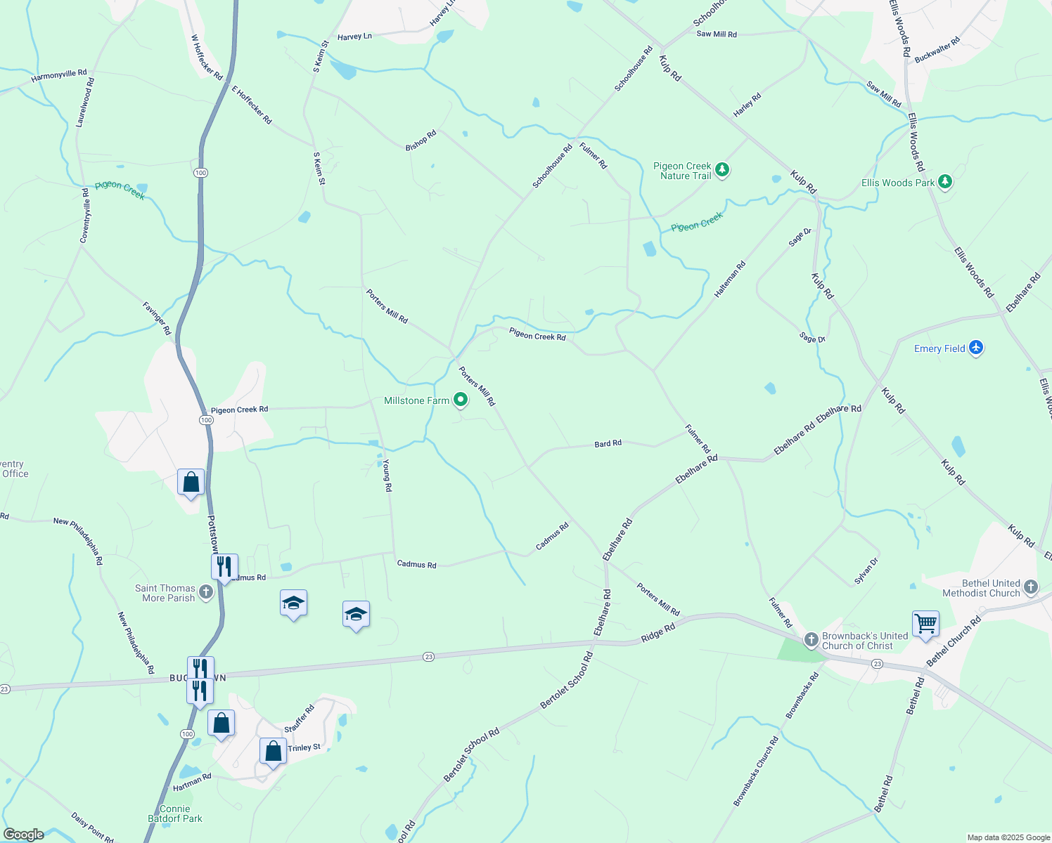 map of restaurants, bars, coffee shops, grocery stores, and more near 307 Porters Mill Road in Pottstown