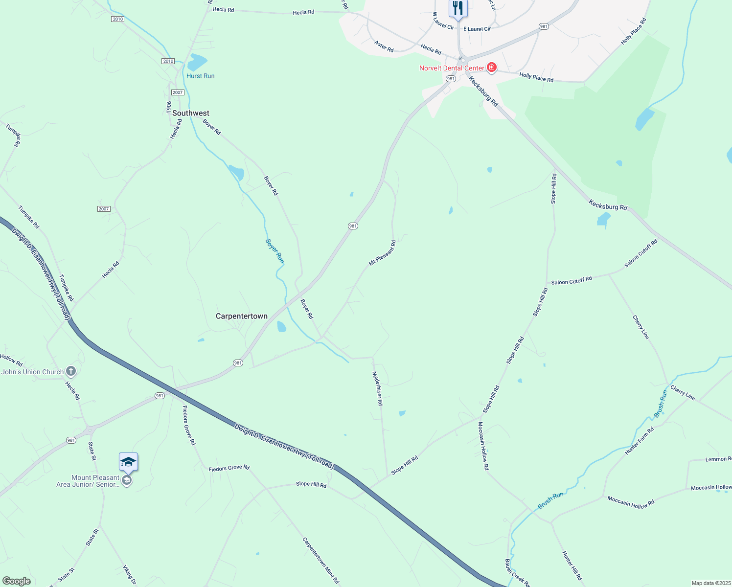 map of restaurants, bars, coffee shops, grocery stores, and more near 3674 Pennsylvania 981 in Mount Pleasant
