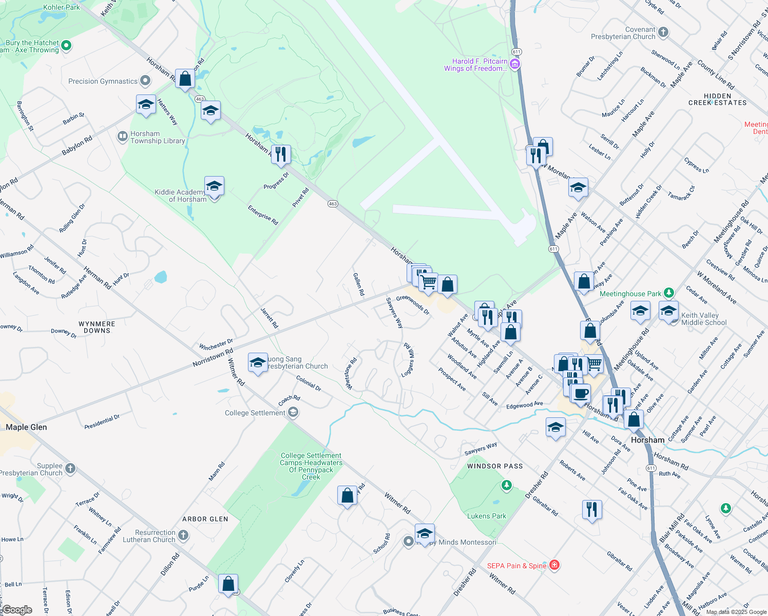 map of restaurants, bars, coffee shops, grocery stores, and more near 70 Greenwoods Drive in Horsham