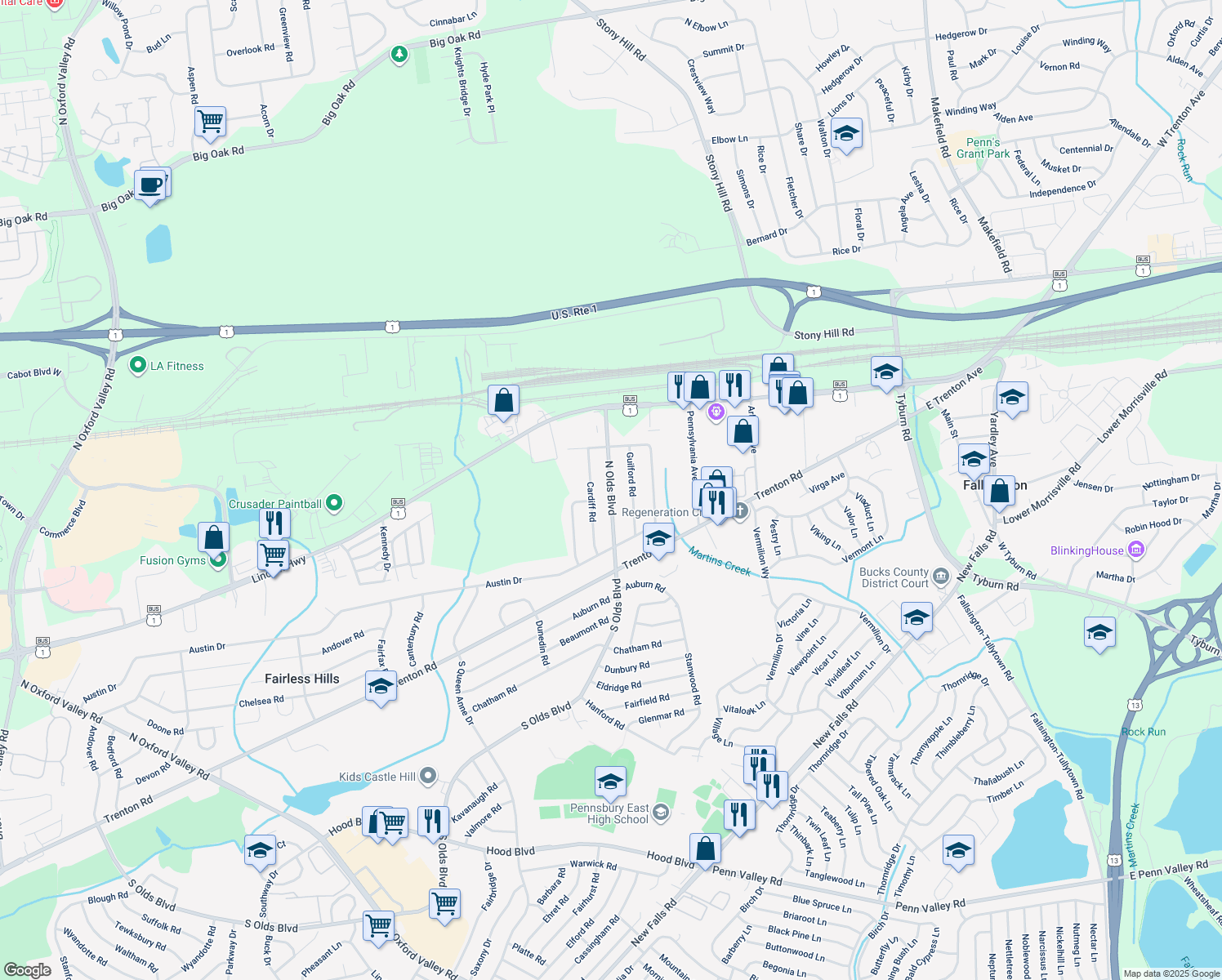 map of restaurants, bars, coffee shops, grocery stores, and more near 252 North Olds Boulevard in Fairless Hills