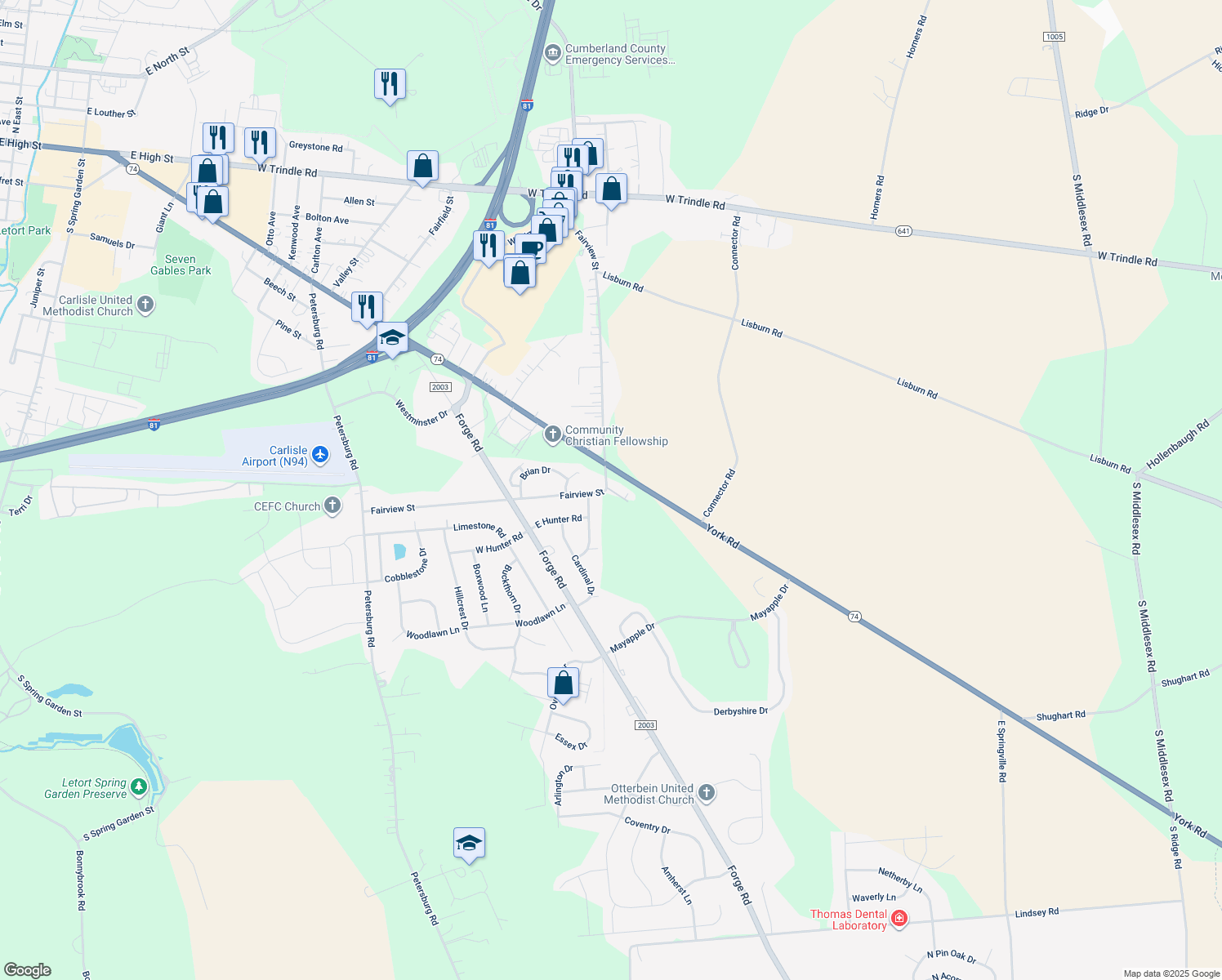 map of restaurants, bars, coffee shops, grocery stores, and more near 17 Wiltshire East Street in Carlisle