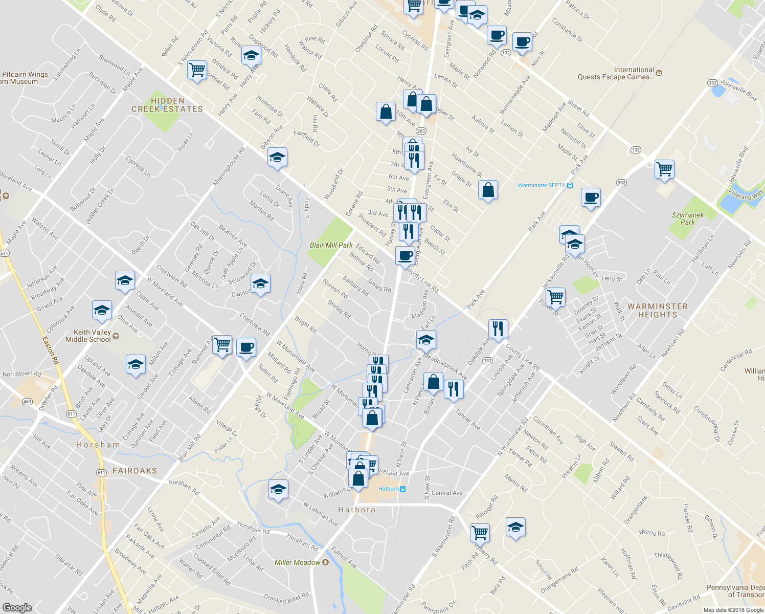 map of restaurants, bars, coffee shops, grocery stores, and more near 453 Crescent Road in Hatboro