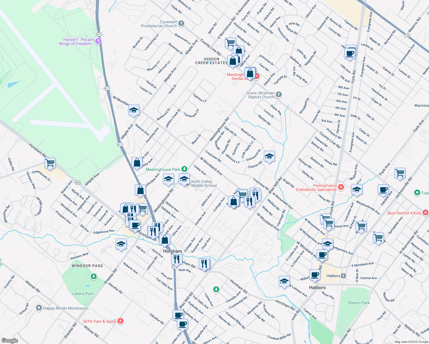 map of restaurants, bars, coffee shops, grocery stores, and more near 221 West Moreland Avenue in Hatboro