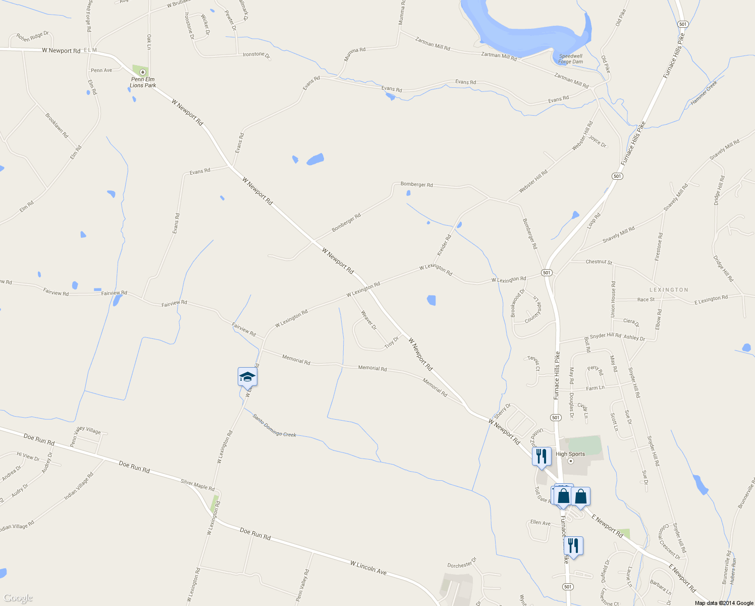 map of restaurants, bars, coffee shops, grocery stores, and more near 214 West Newport Road in Lititz
