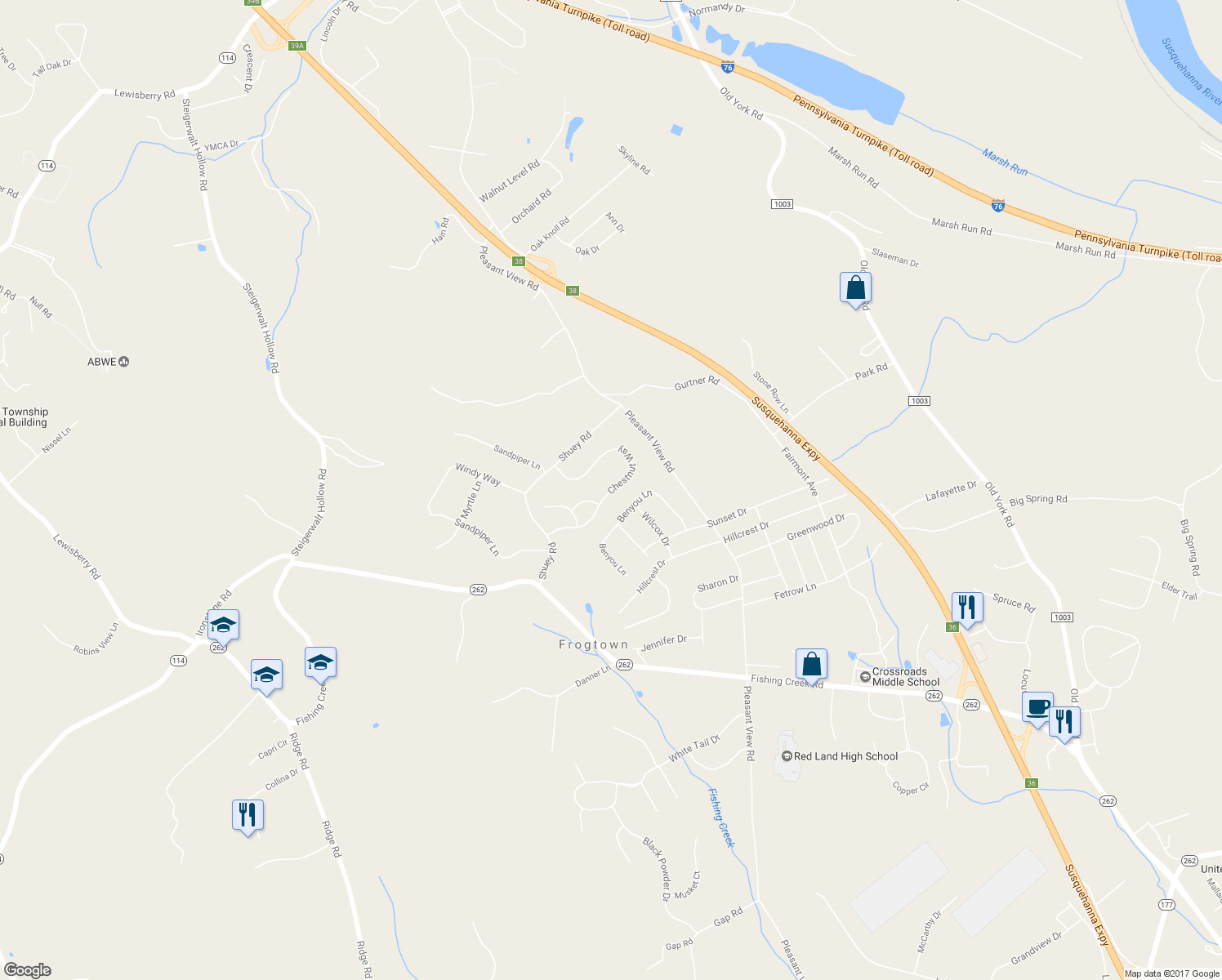 map of restaurants, bars, coffee shops, grocery stores, and more near 447 Chestnut Way in New Cumberland