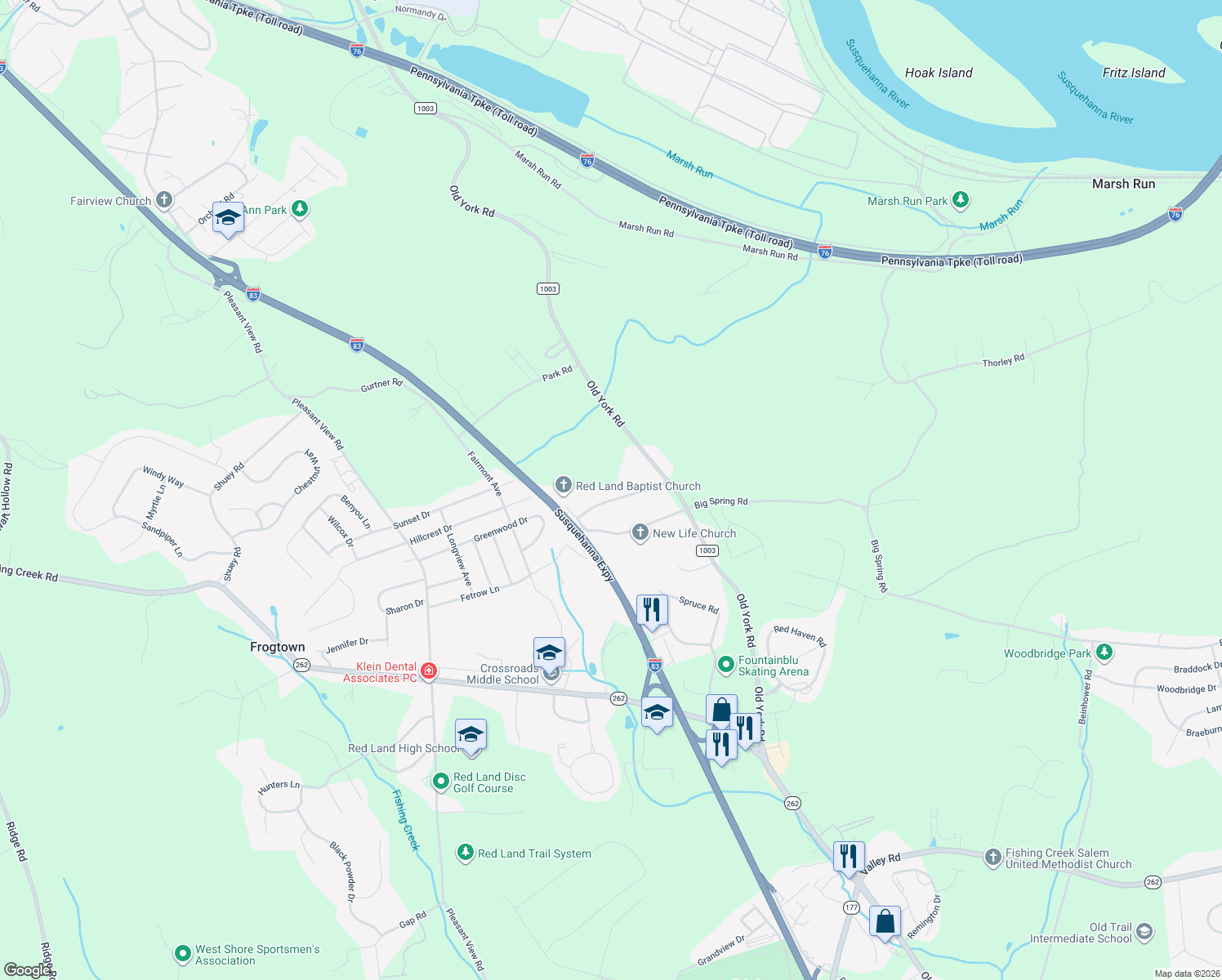 map of restaurants, bars, coffee shops, grocery stores, and more near 313 Lafayette Dr in New Cumberland