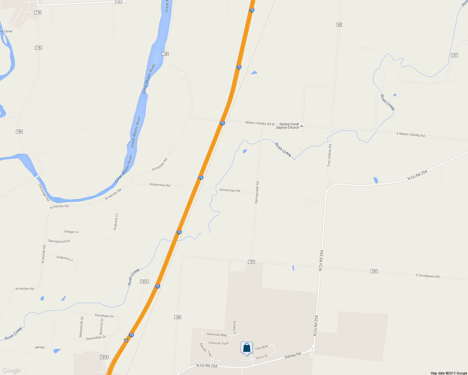 map of restaurants, bars, coffee shops, grocery stores, and more near 665 Geiserman Road in Piqua