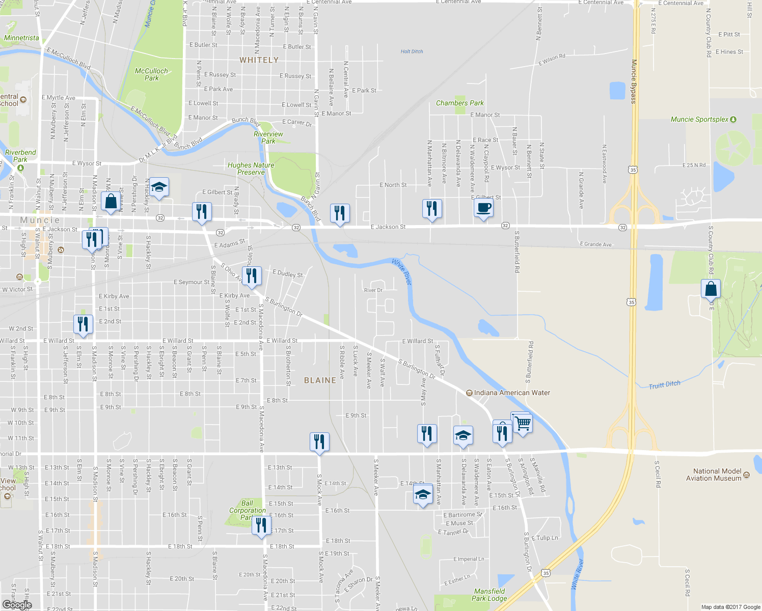 map of restaurants, bars, coffee shops, grocery stores, and more near Kirby Avenue in Muncie