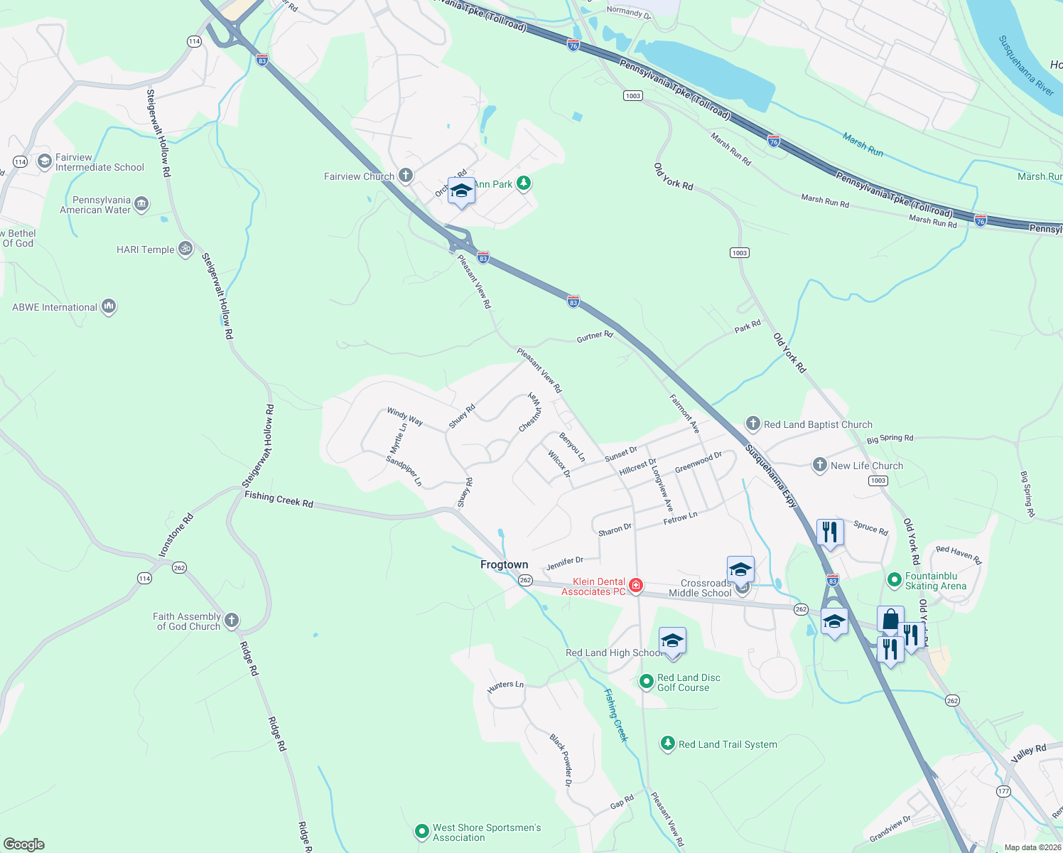 map of restaurants, bars, coffee shops, grocery stores, and more near 447 Chestnut Way in New Cumberland