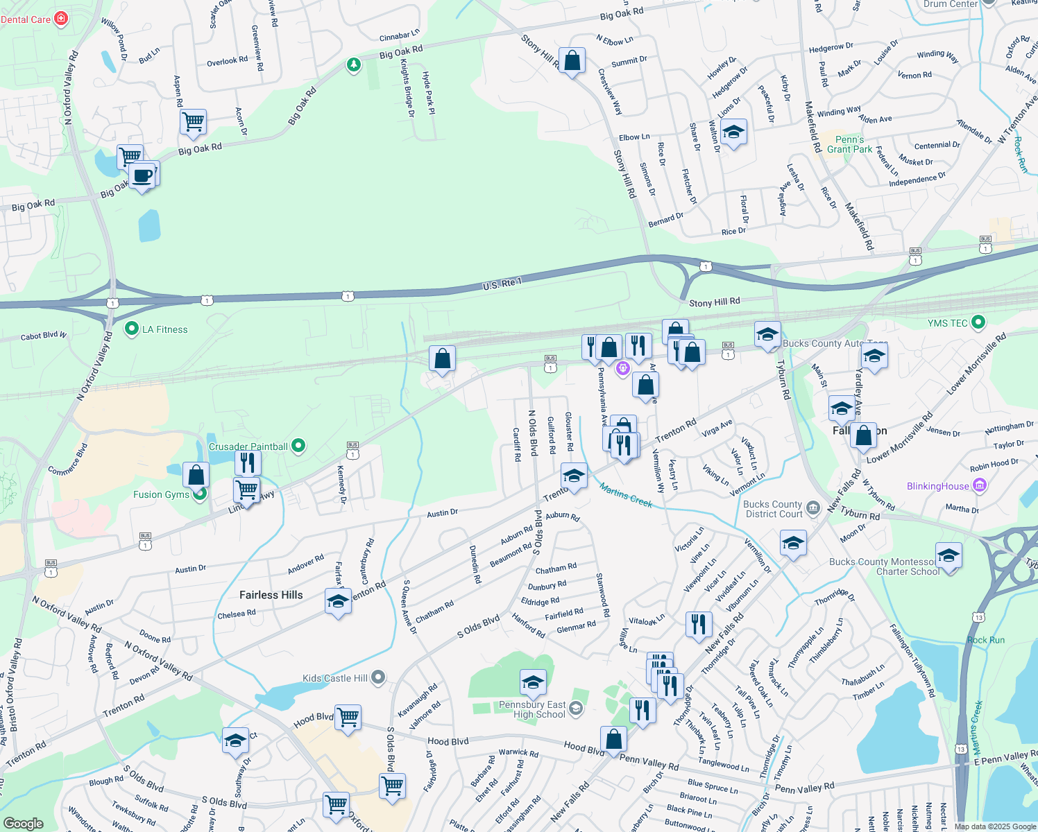 map of restaurants, bars, coffee shops, grocery stores, and more near 280 Cardiff Road in Fairless Hills