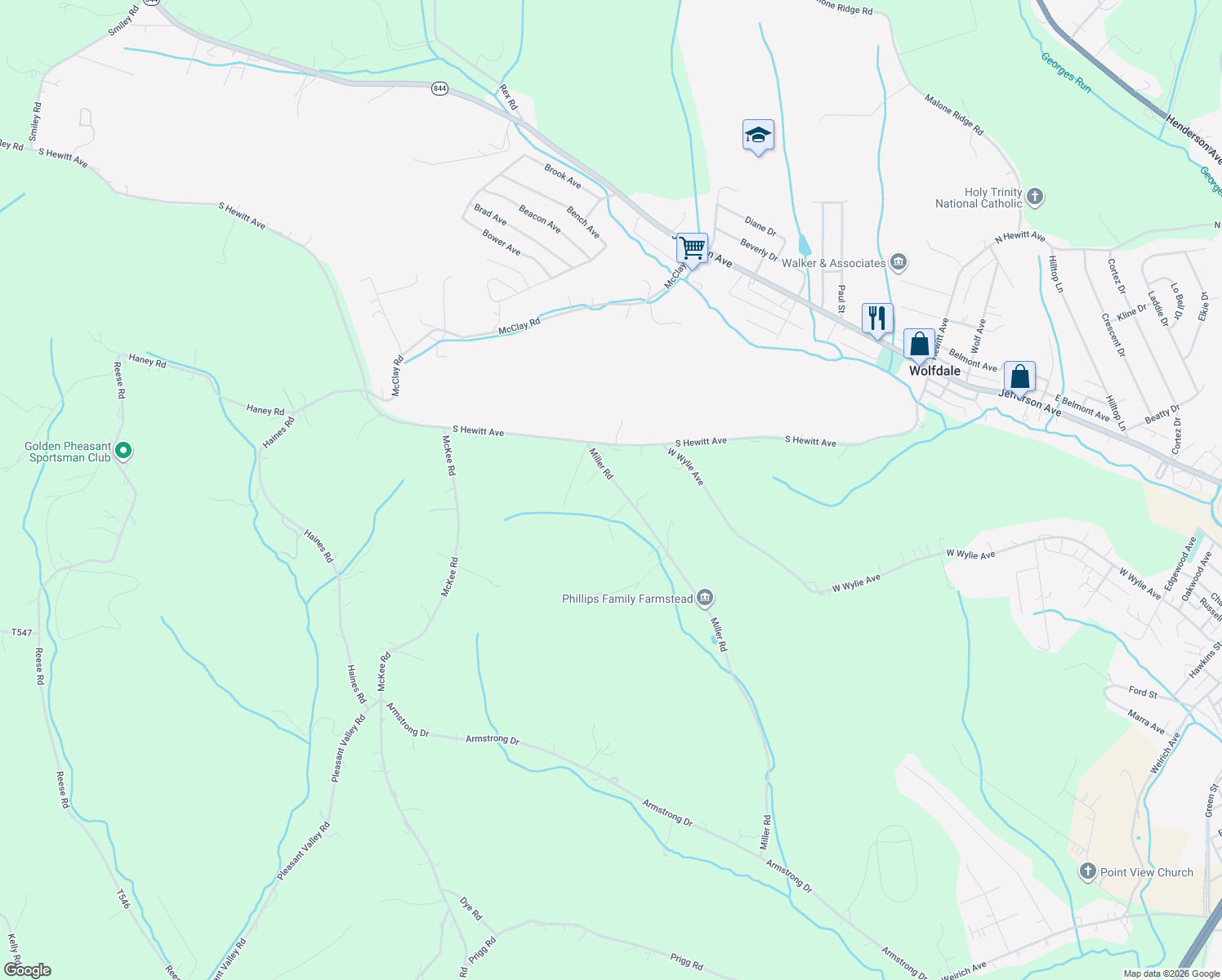 map of restaurants, bars, coffee shops, grocery stores, and more near 229 Miller Road in Washington