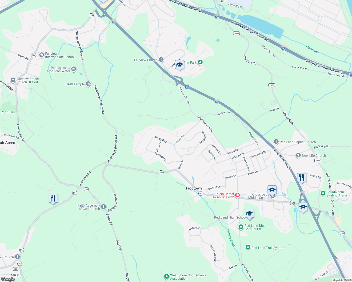 map of restaurants, bars, coffee shops, grocery stores, and more near 502 Windy Way in New Cumberland