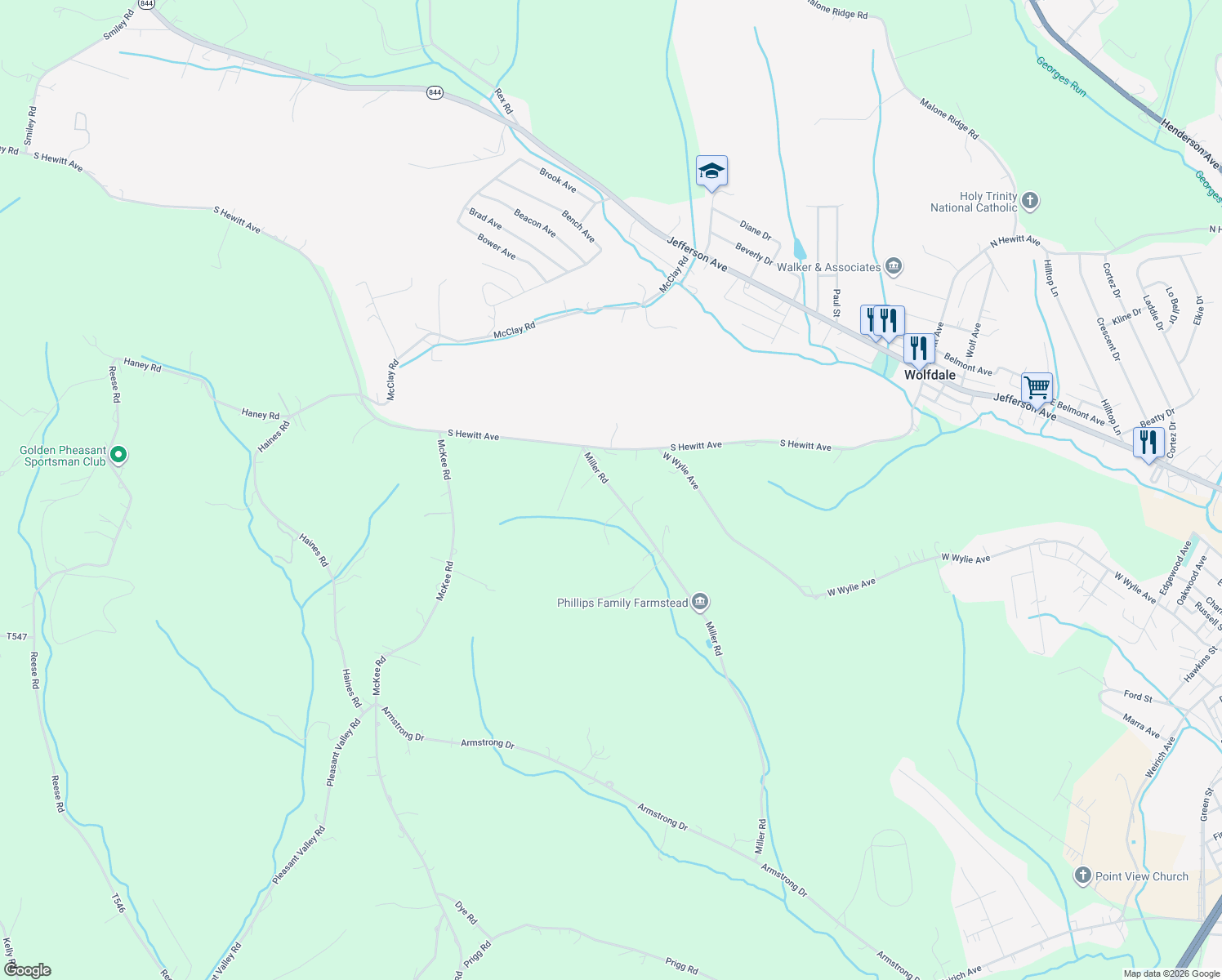 map of restaurants, bars, coffee shops, grocery stores, and more near 229 Miller Road in Washington