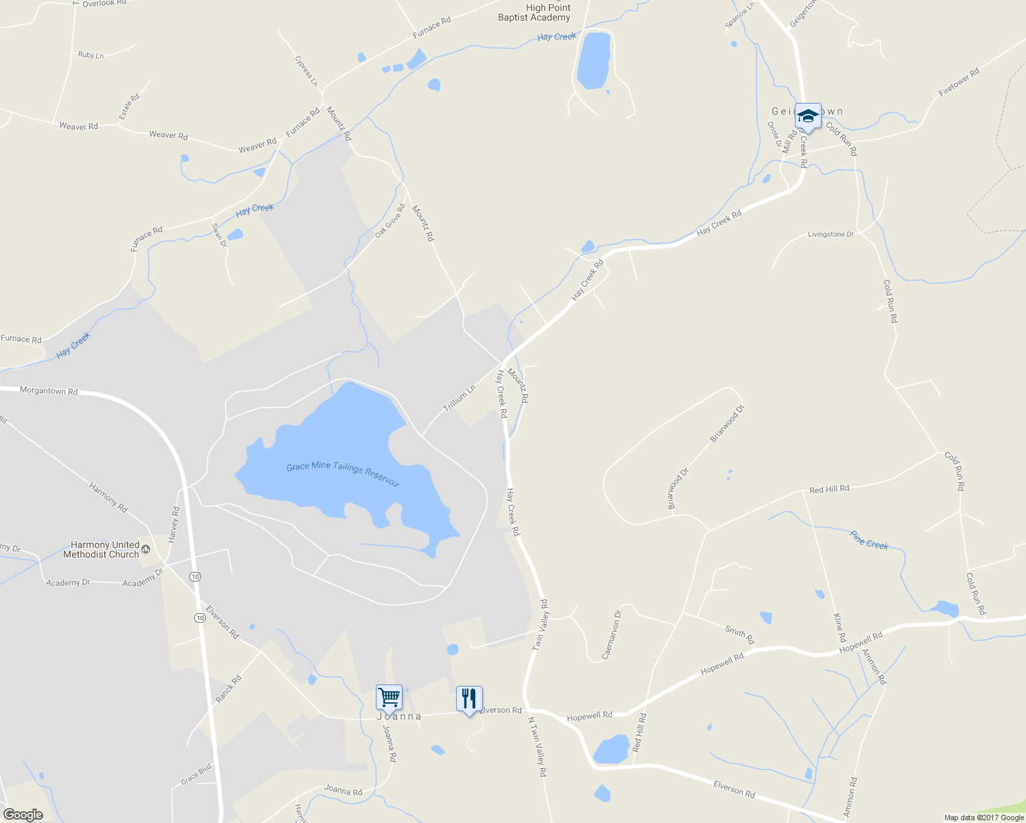 map of restaurants, bars, coffee shops, grocery stores, and more near 4075 Hay Creek Road in Morgantown