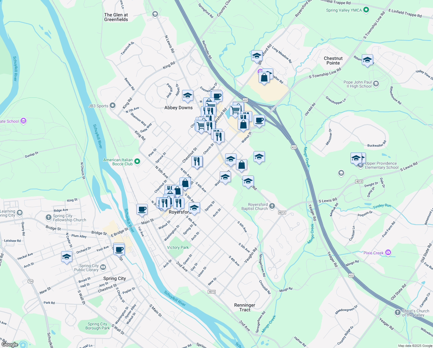 map of restaurants, bars, coffee shops, grocery stores, and more near 718 Walnut Street in Royersford