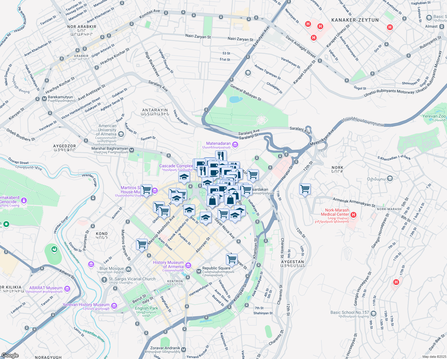 map of restaurants, bars, coffee shops, grocery stores, and more near Gevorg Kochar Street in Yerevan