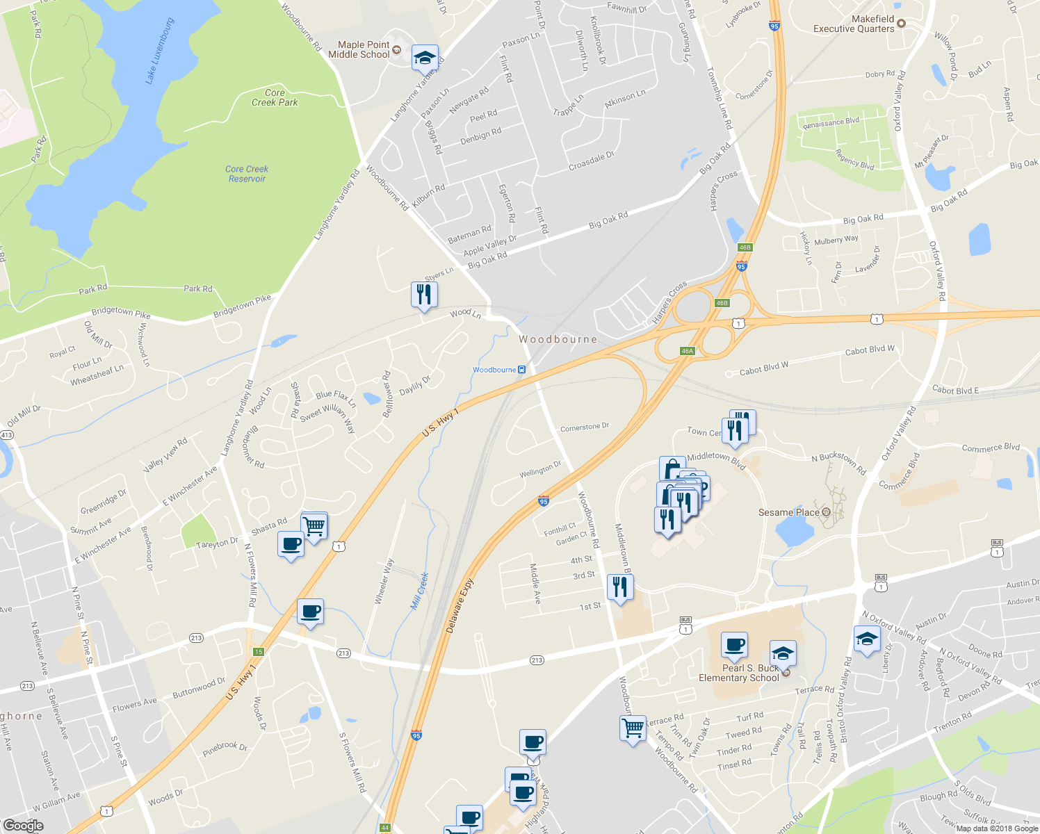 map of restaurants, bars, coffee shops, grocery stores, and more near 11 Pickering Bend in Langhorne