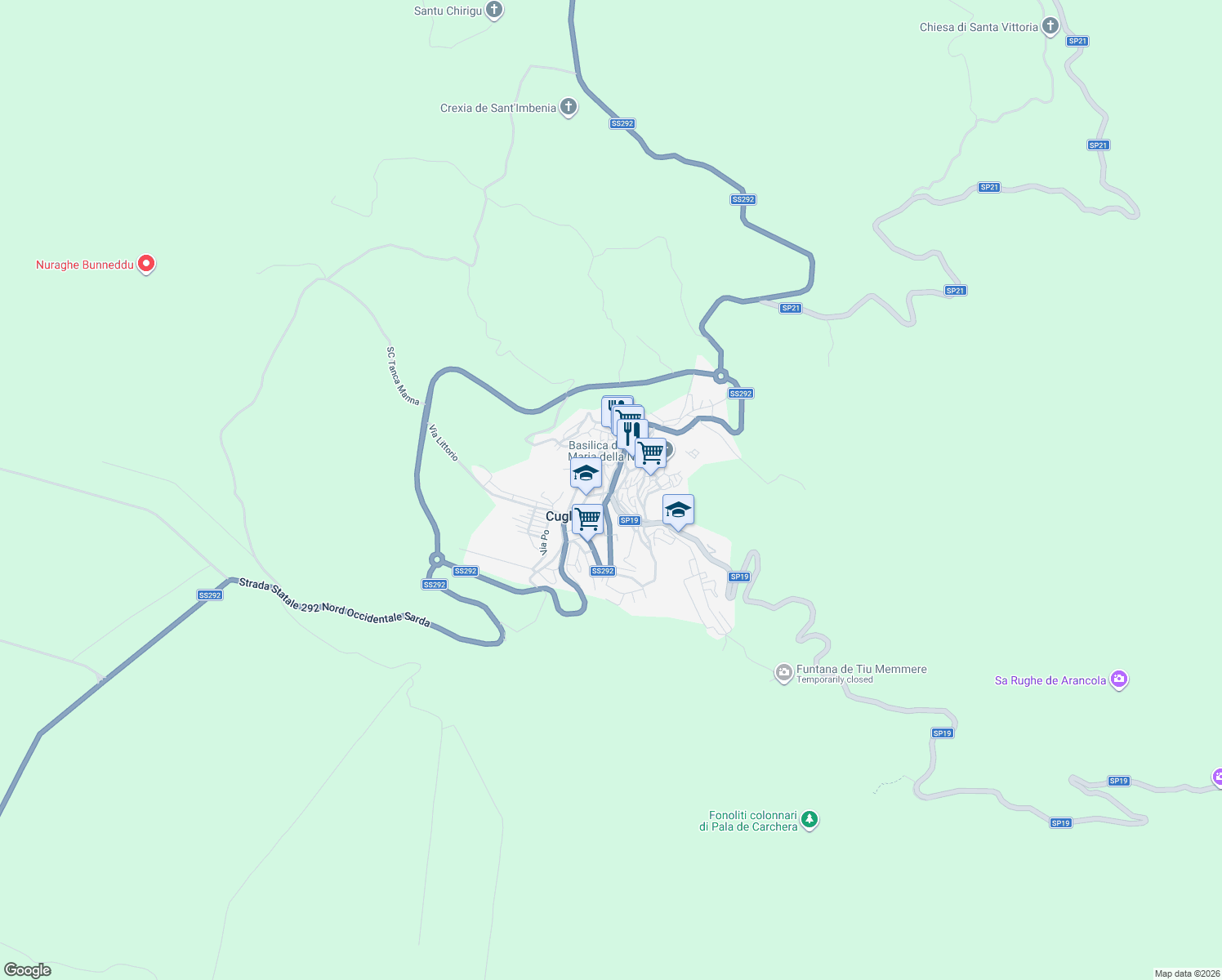 map of restaurants, bars, coffee shops, grocery stores, and more near 45 Via Roma in Cuglieri