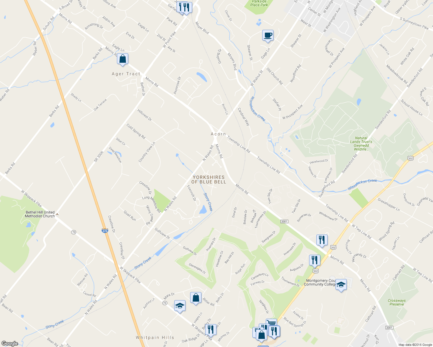map of restaurants, bars, coffee shops, grocery stores, and more near 380 Selby Place in Blue Bell