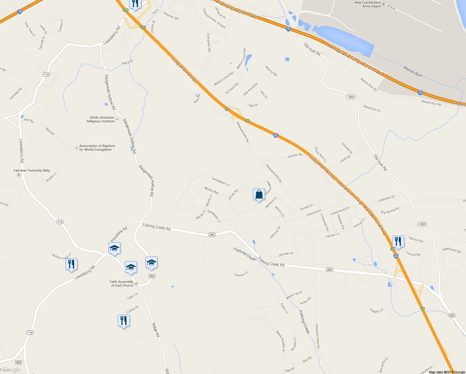 map of restaurants, bars, coffee shops, grocery stores, and more near 506 Sandpiper Lane in New Cumberland