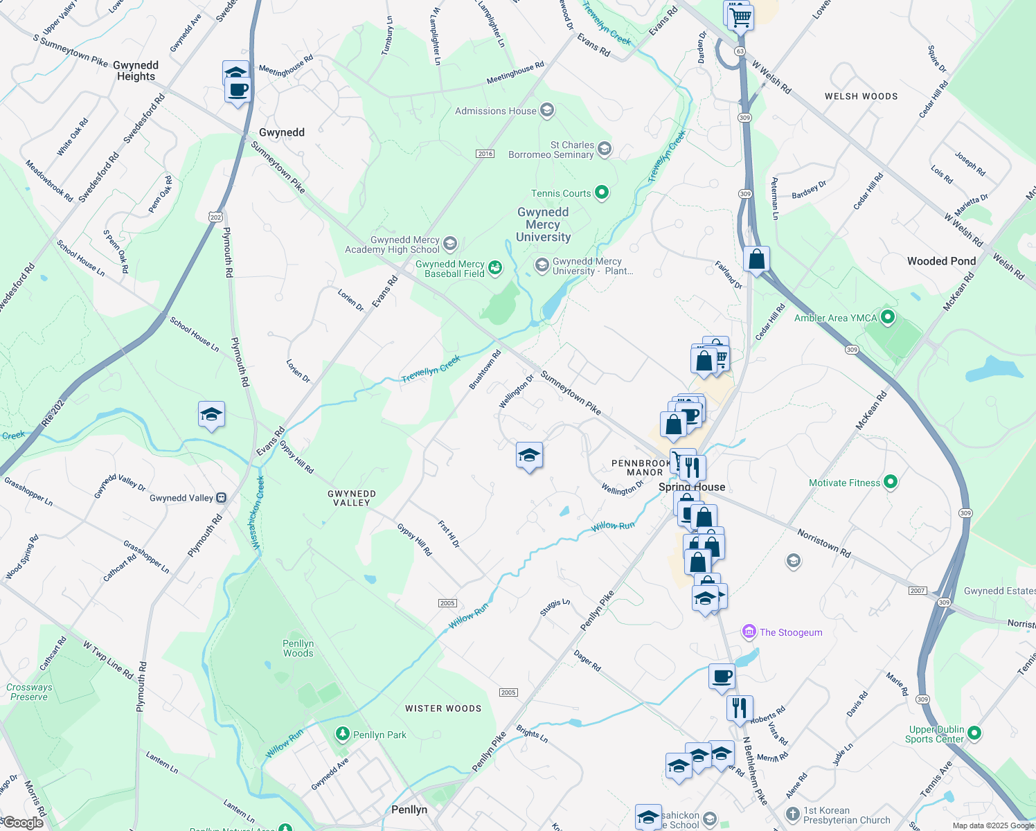 map of restaurants, bars, coffee shops, grocery stores, and more near 67 Harlow Circle in Spring House