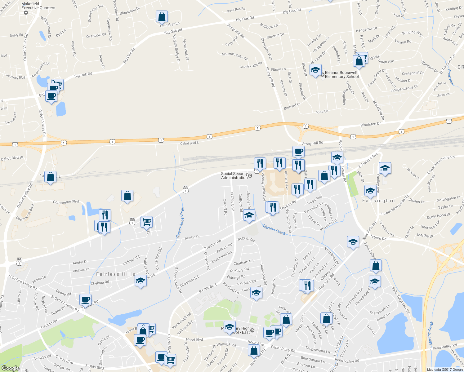 map of restaurants, bars, coffee shops, grocery stores, and more near 801 Edgemont Road in Fairless Hills