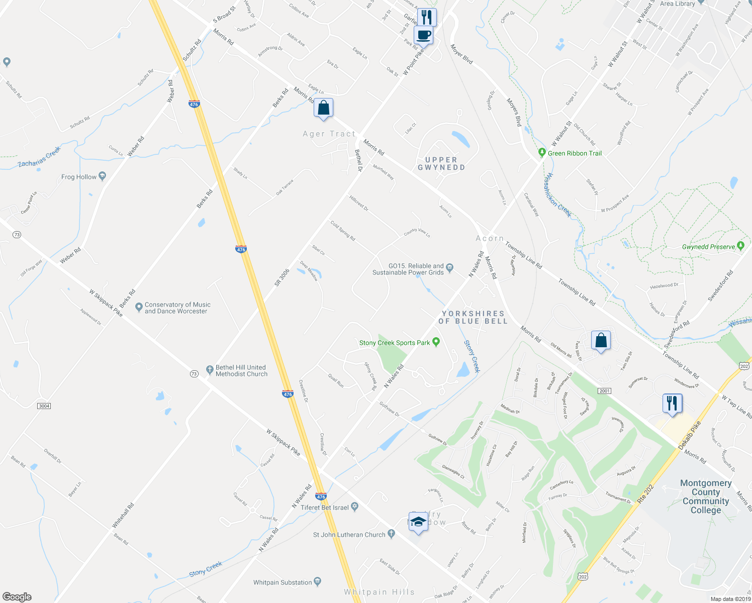 map of restaurants, bars, coffee shops, grocery stores, and more near 2100 Country View Lane in Lansdale