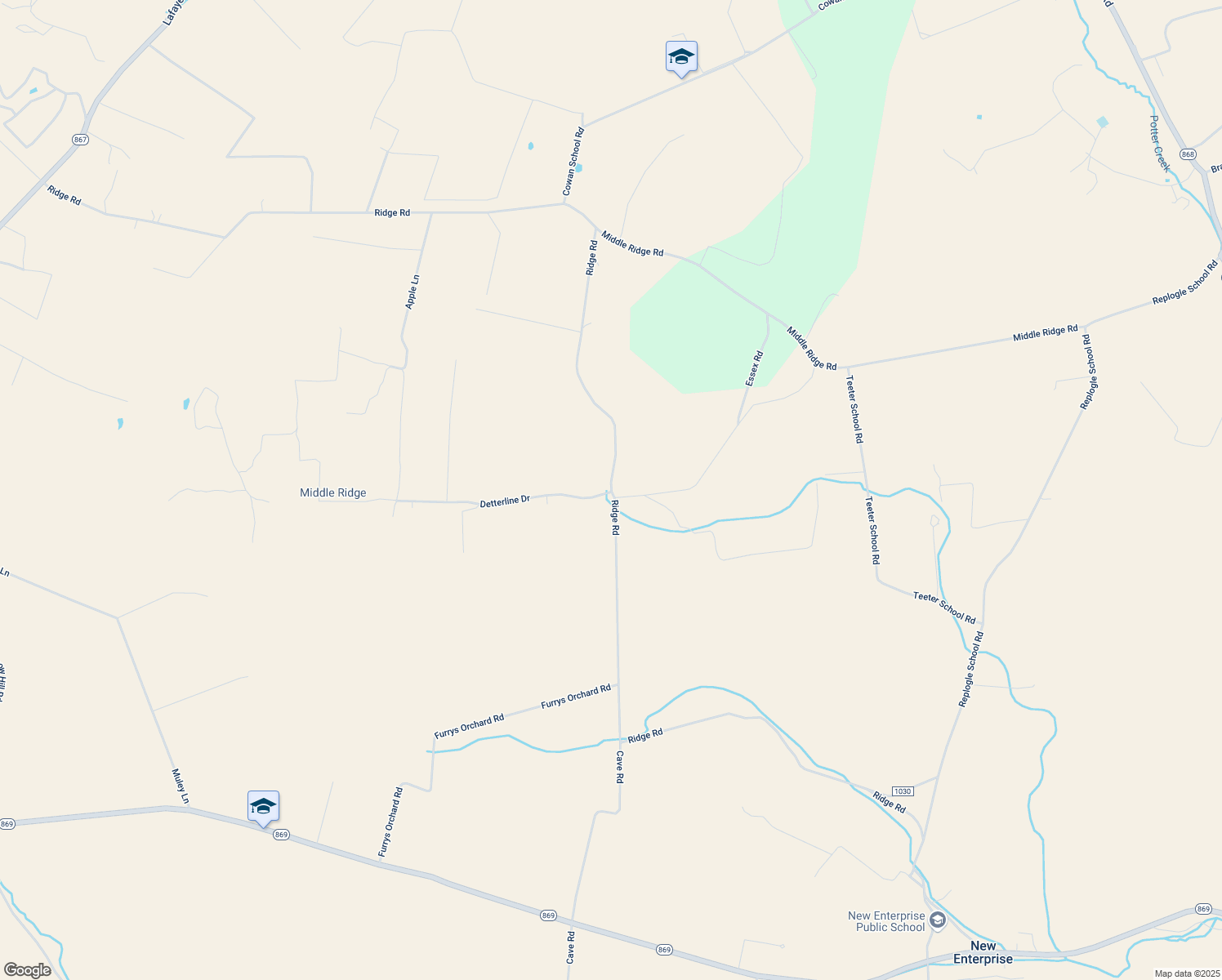 map of restaurants, bars, coffee shops, grocery stores, and more near 743 Ridge Road in New Enterprise