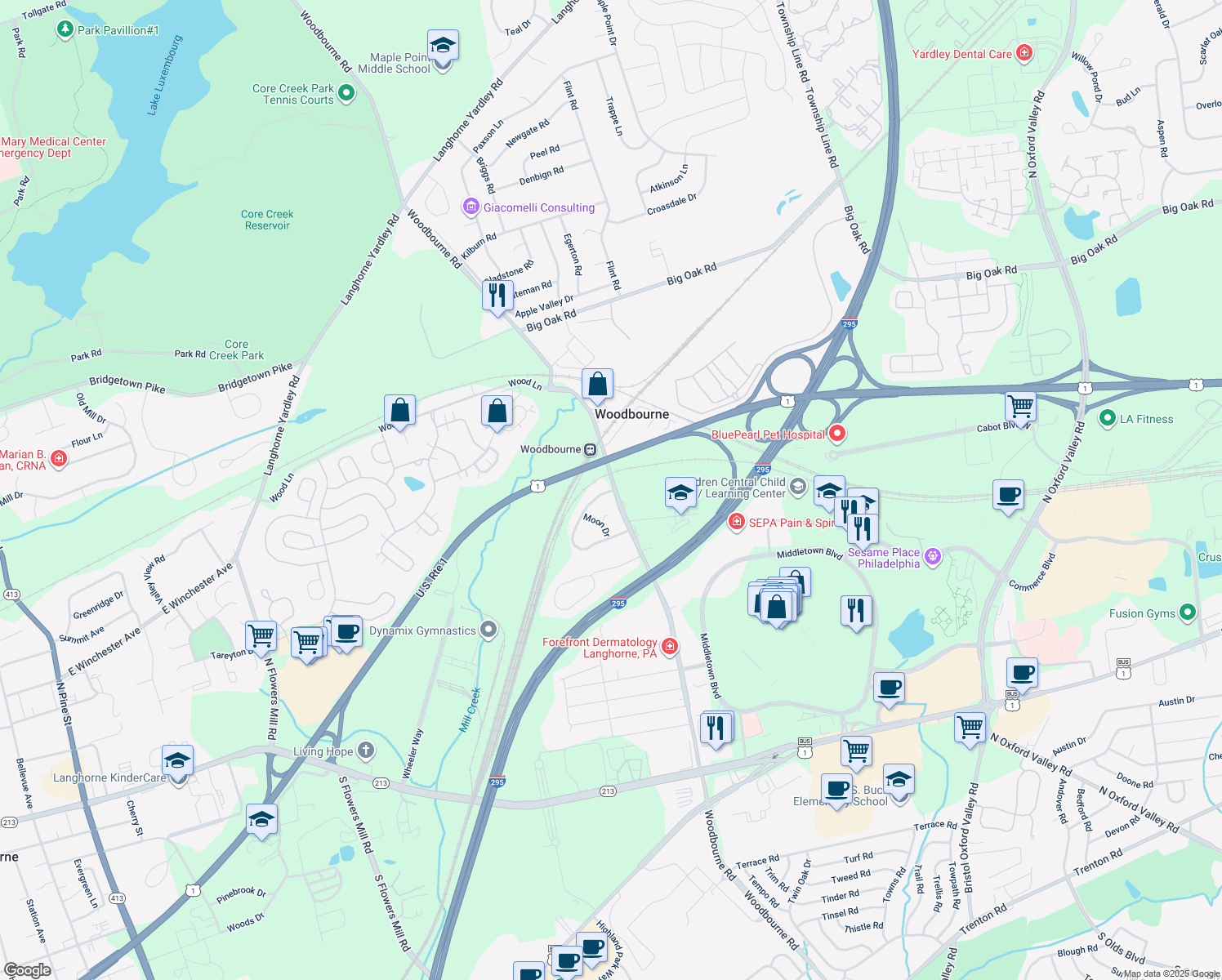 map of restaurants, bars, coffee shops, grocery stores, and more near 2 Pickering Bend in Langhorne