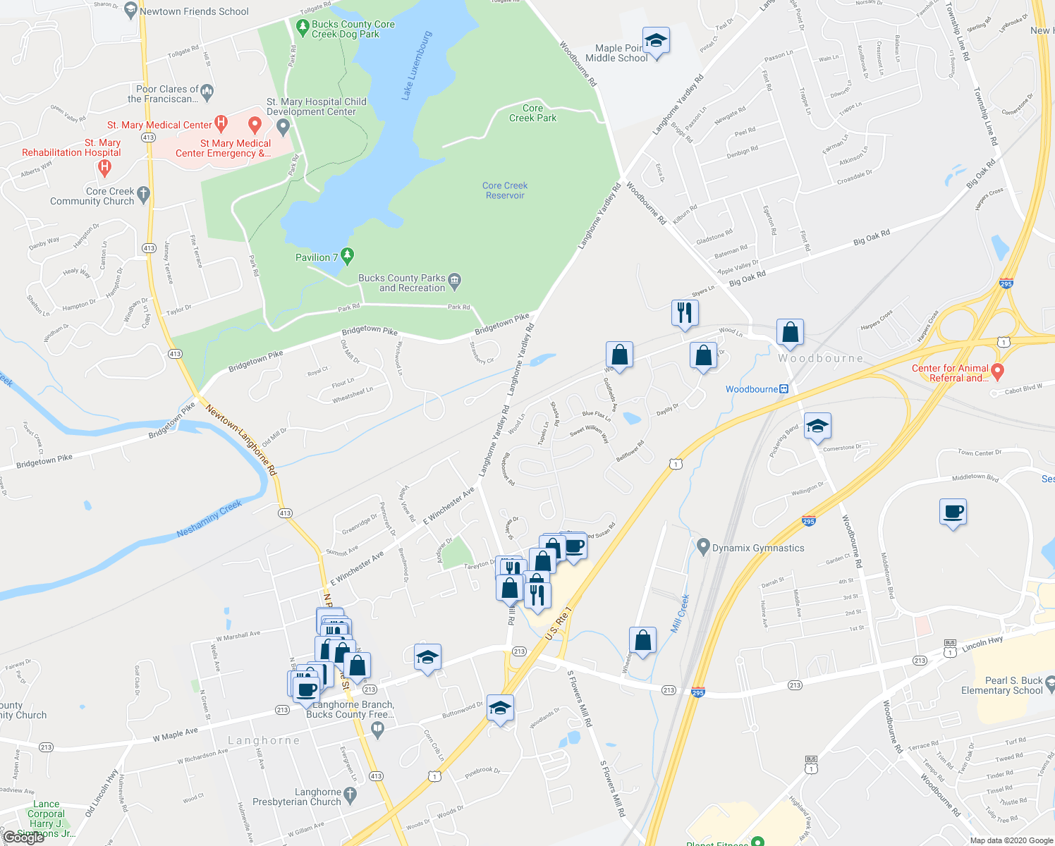 map of restaurants, bars, coffee shops, grocery stores, and more near 12 Tupelo Lane in Langhorne