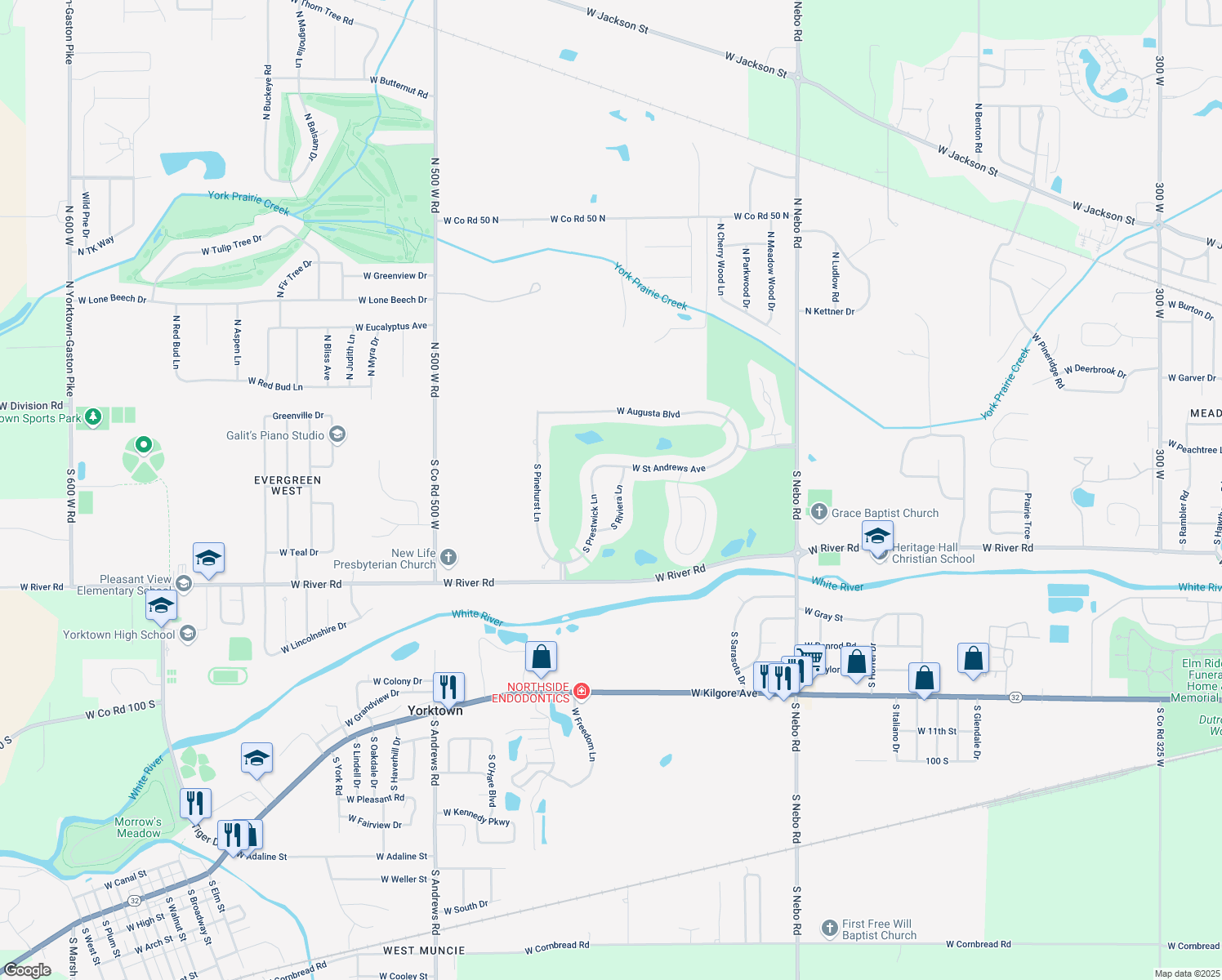 map of restaurants, bars, coffee shops, grocery stores, and more near 409 S Riviera Ln in Yorktown