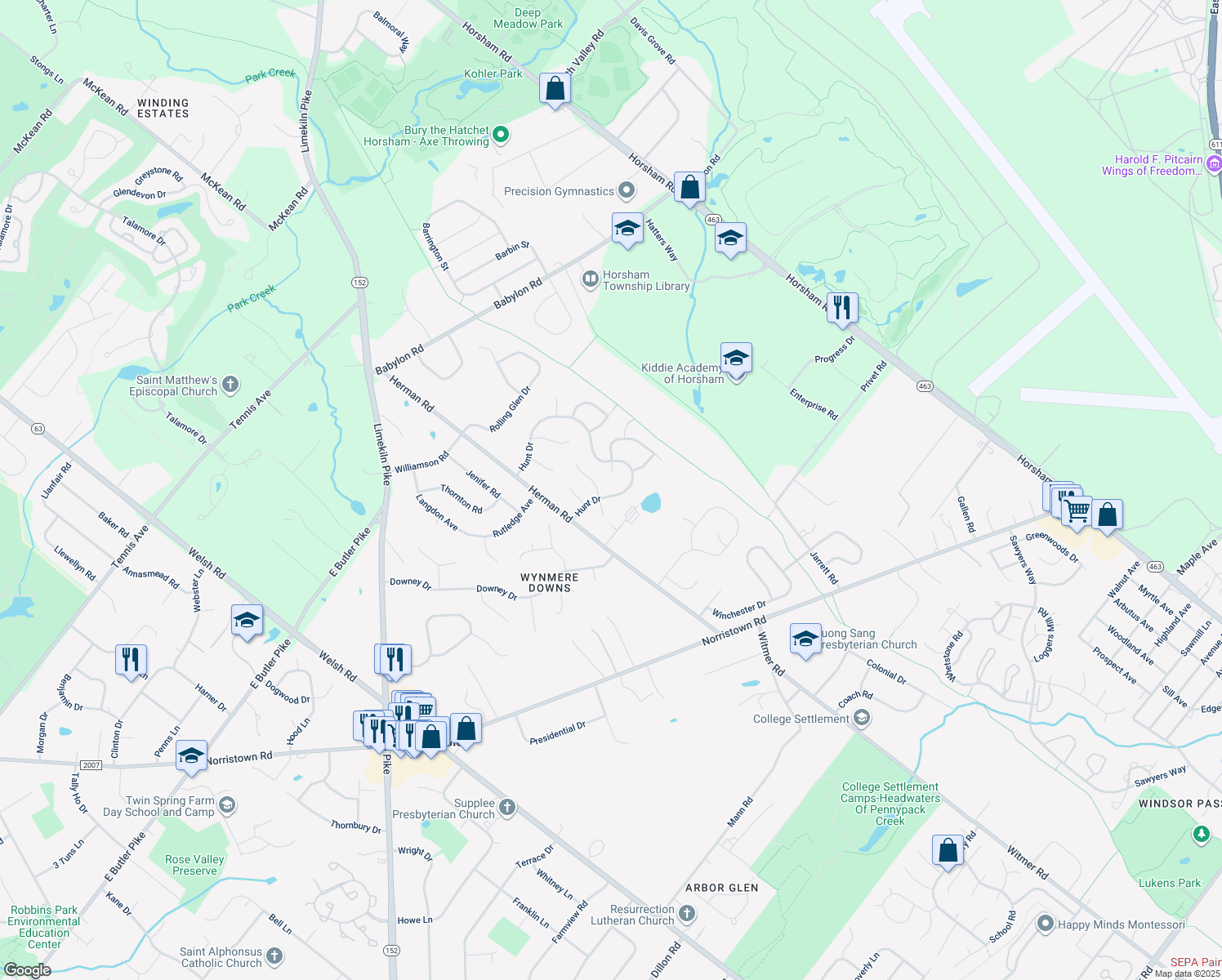 map of restaurants, bars, coffee shops, grocery stores, and more near 14 Hunt Drive in Horsham