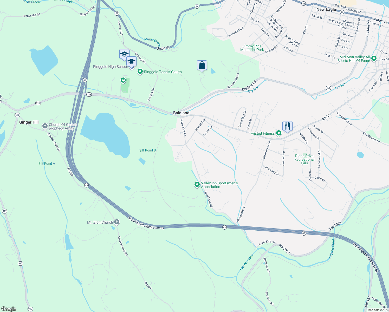map of restaurants, bars, coffee shops, grocery stores, and more near 254 Hazel Kirk Road in Monongahela